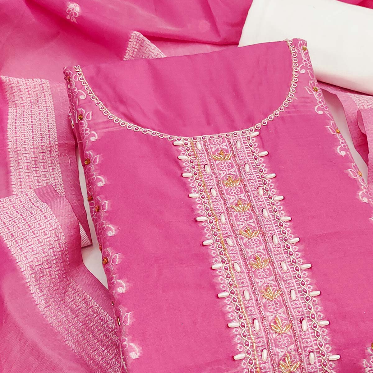 Elegant Pink Floral Weaving Cotton Silk Banarasi Dress Material Adorned With Beads & Stone Work