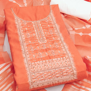 Radiant Peach Woven Cotton Silk Banarasi Dress Material Adorned With Moti & Sequins Handwork
