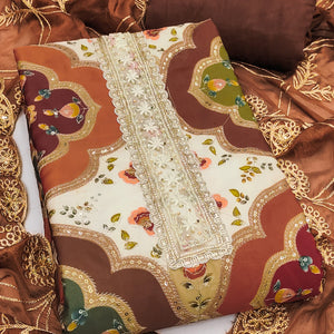 Classic Brown Floral Digital Printed Viscose Dress Material With Sequins Embroidery & Moti Handwork