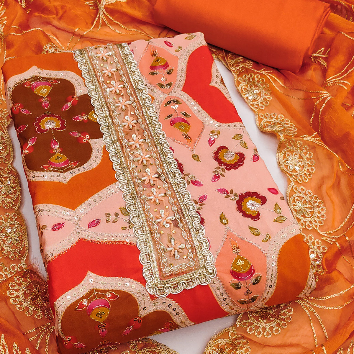 Classic Orange Floral Digital Printed Viscose Dress Material With Sequins Embroidery & Moti Handwork