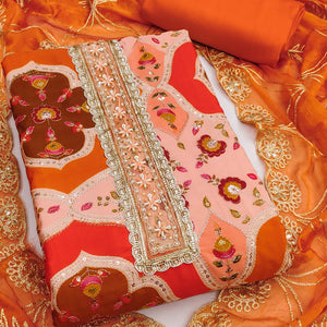 Classic Orange Floral Digital Printed Viscose Dress Material With Sequins Embroidery & Moti Handwork