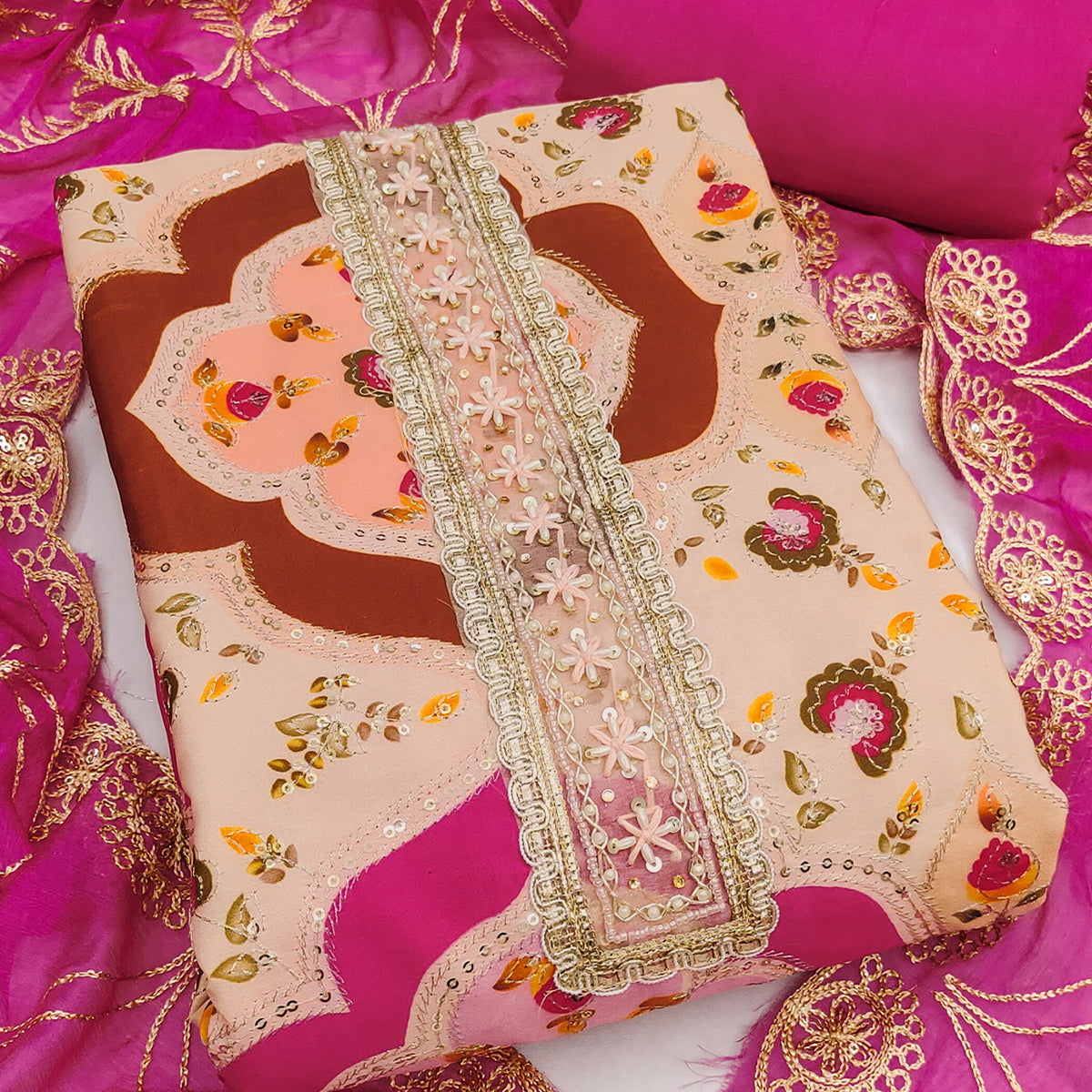 Classic Peach Floral Digital Printed Viscose Dress Material With Sequins Embroidery & Moti Handwork