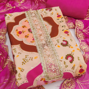 Classic Peach Floral Digital Printed Viscose Dress Material With Sequins Embroidery & Moti Handwork