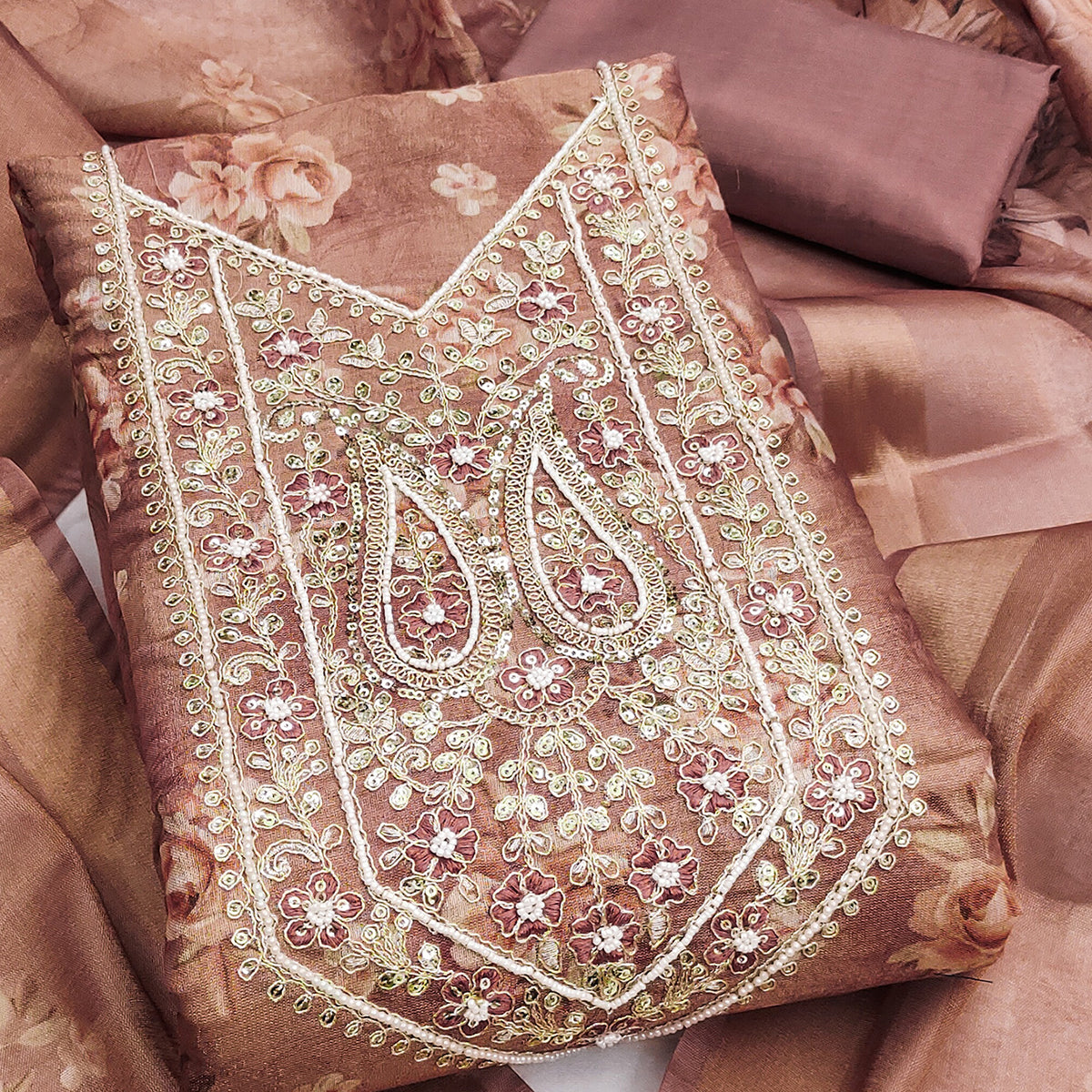 Classic Brown Floral Digital Printed Viscose Dress Material With Sequins Embroidery & Moti Handwork