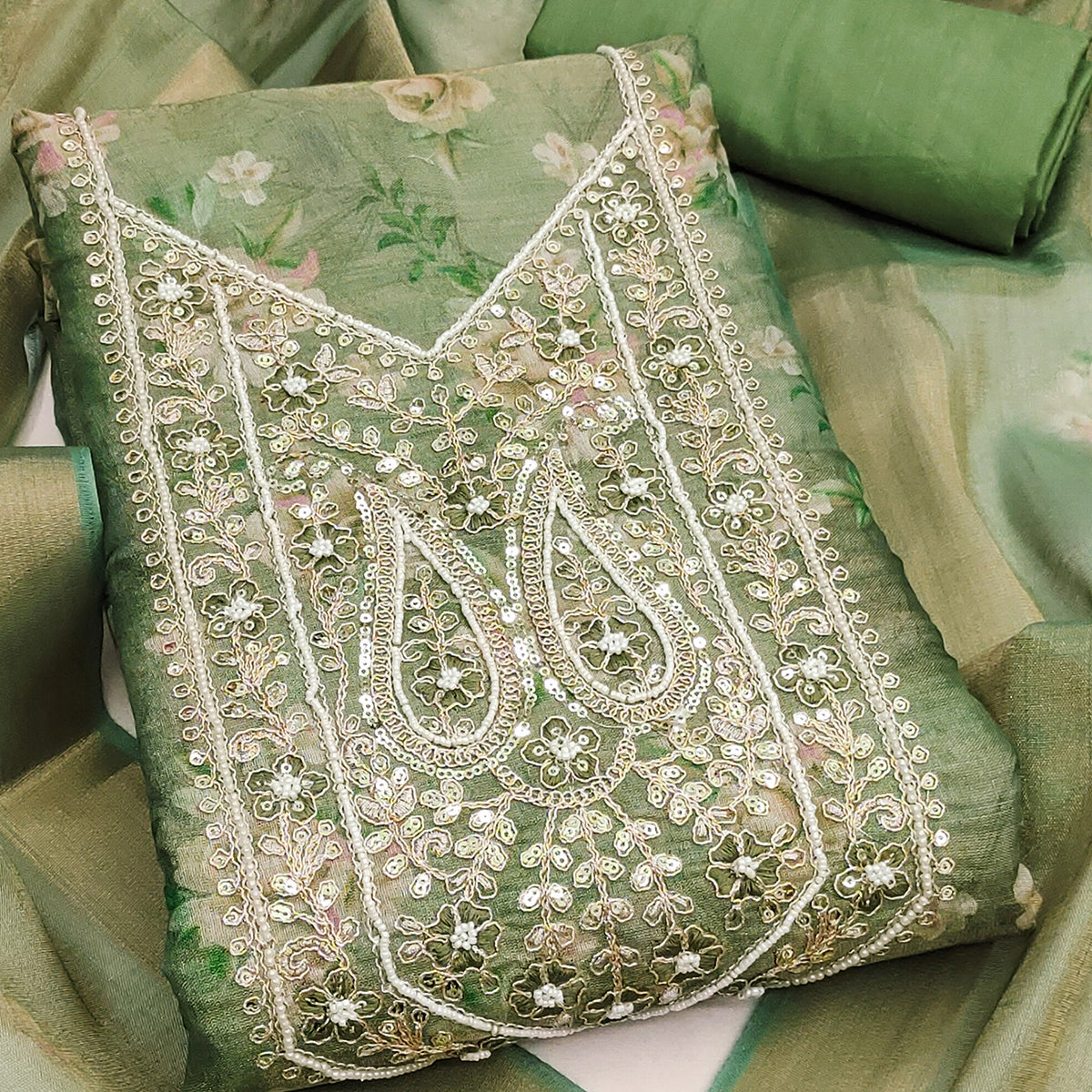 Classic Green Floral Digital Printed Viscose Dress Material With Sequins Embroidery & Moti Handwork