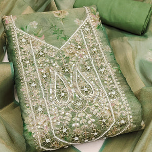 Classic Green Floral Digital Printed Viscose Dress Material With Sequins Embroidery & Moti Handwork