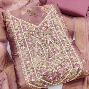 Classic Mauve Floral Digital Printed Viscose Dress Material With Sequins Embroidery & Moti Handwork