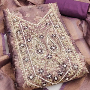 Classic Purple Floral Digital Printed Viscose Dress Material With Sequins Embroidery & Moti Handwork