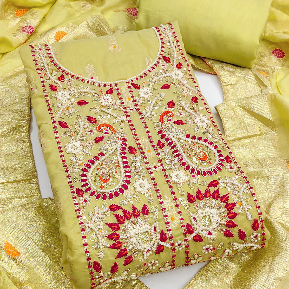 Timeless Lemon Green Floral Weaving Muslin Dress Material With Elegant Sequin Embroidery & Moti Work