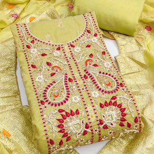 Timeless Lemon Green Floral Weaving Muslin Dress Material With Elegant Sequin Embroidery & Moti Work