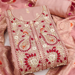 Timeless Peach Floral Weaving Muslin Dress Material With Elegant Sequins Embroidery & Moti Work
