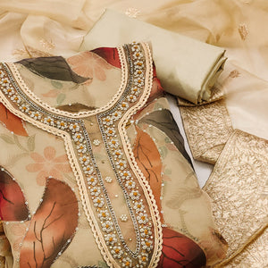 Chikoo Floral Printed With Hand Embroidered Organza Dress Material