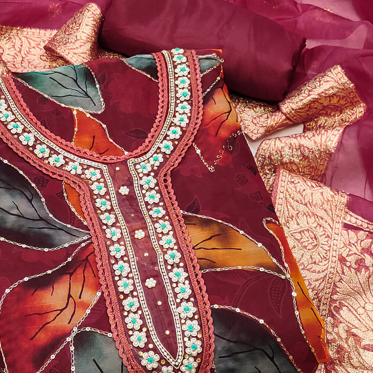 Maroon Floral Printed With Hand Embroidered Organza Dress Material