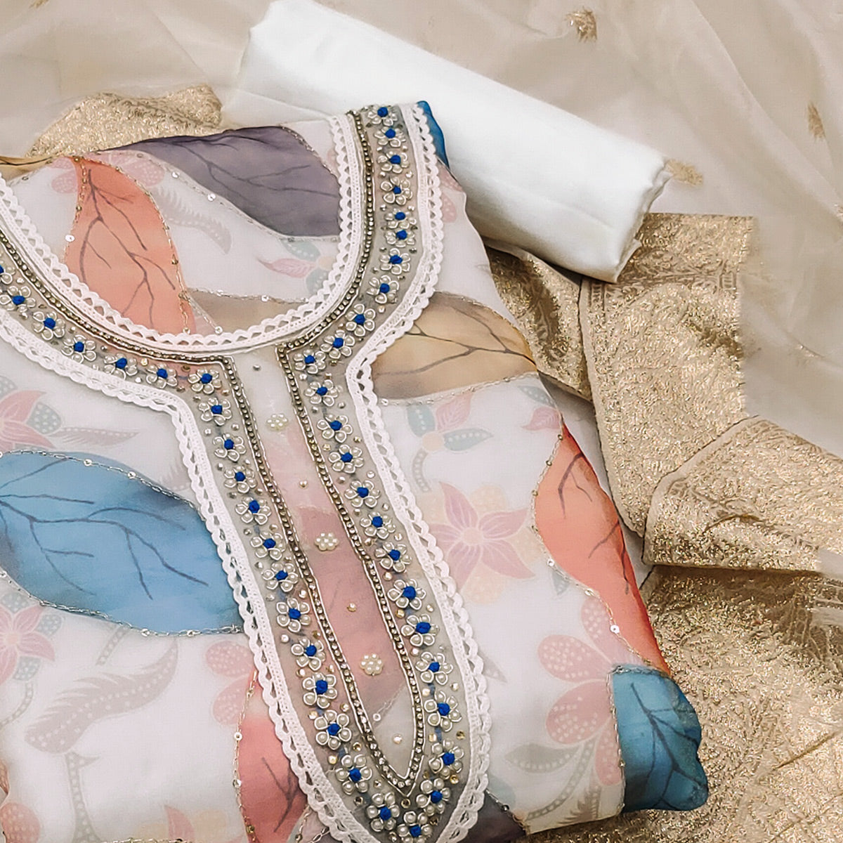 White Floral Printed With Hand Embroidered Organza Dress Material