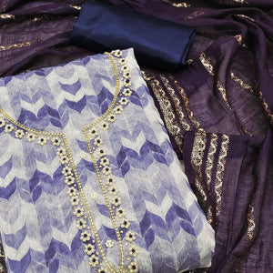 Blue Printed With Handwork Chanderi Silk Dress Material