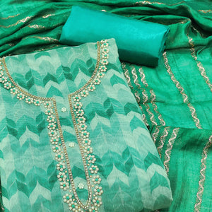 Green Printed With Handwork Chanderi Silk Dress Material