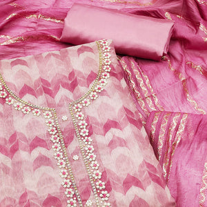 Pink Printed With Handwork Chanderi Silk Dress Material