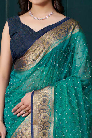 Rama Green Jacquard Saree With Intricate Beads Handwork & Floral Weaving Border