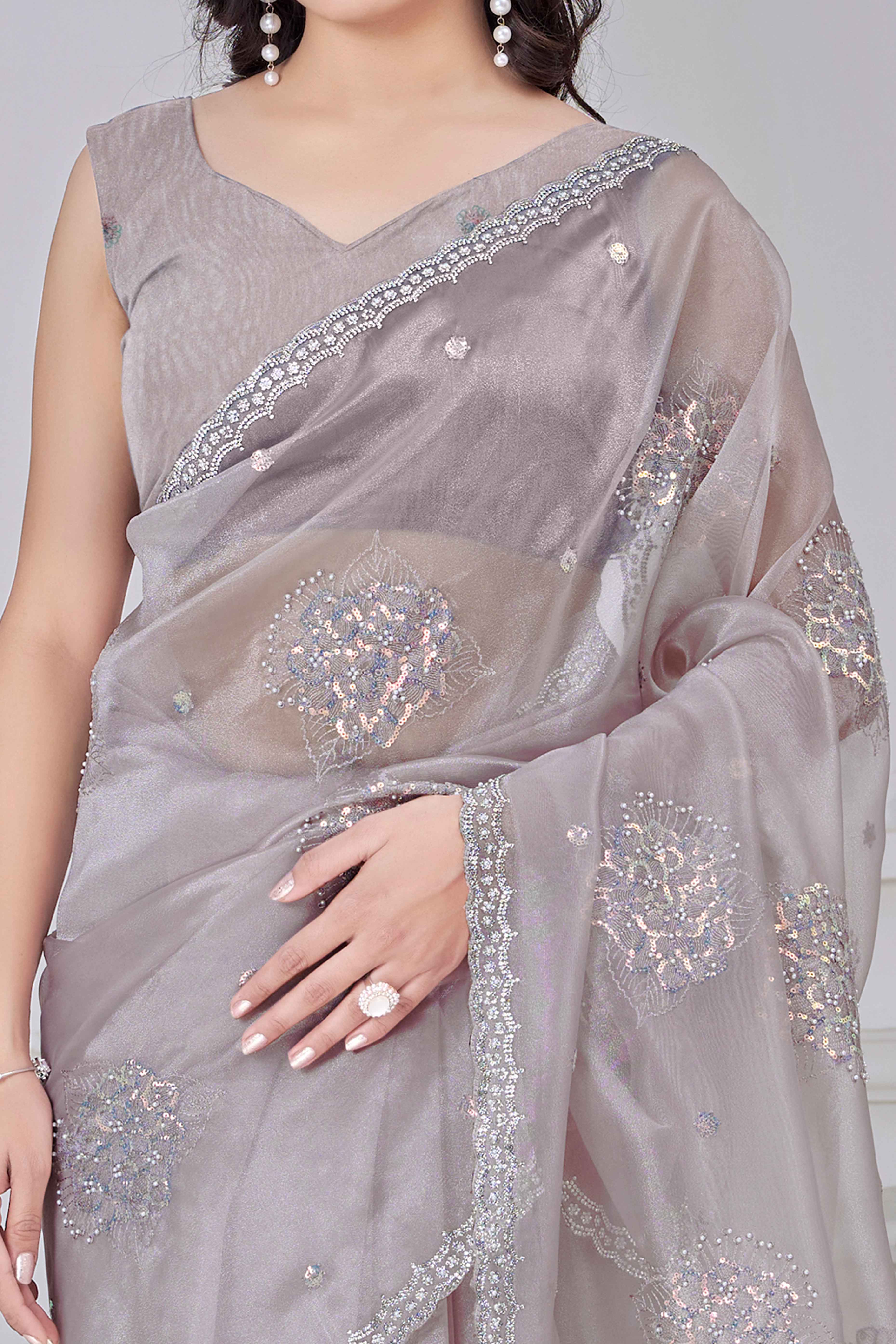 Pale Silver Sequins & Moti Work Organza Saree With Elegant Zarkan Border Detailing