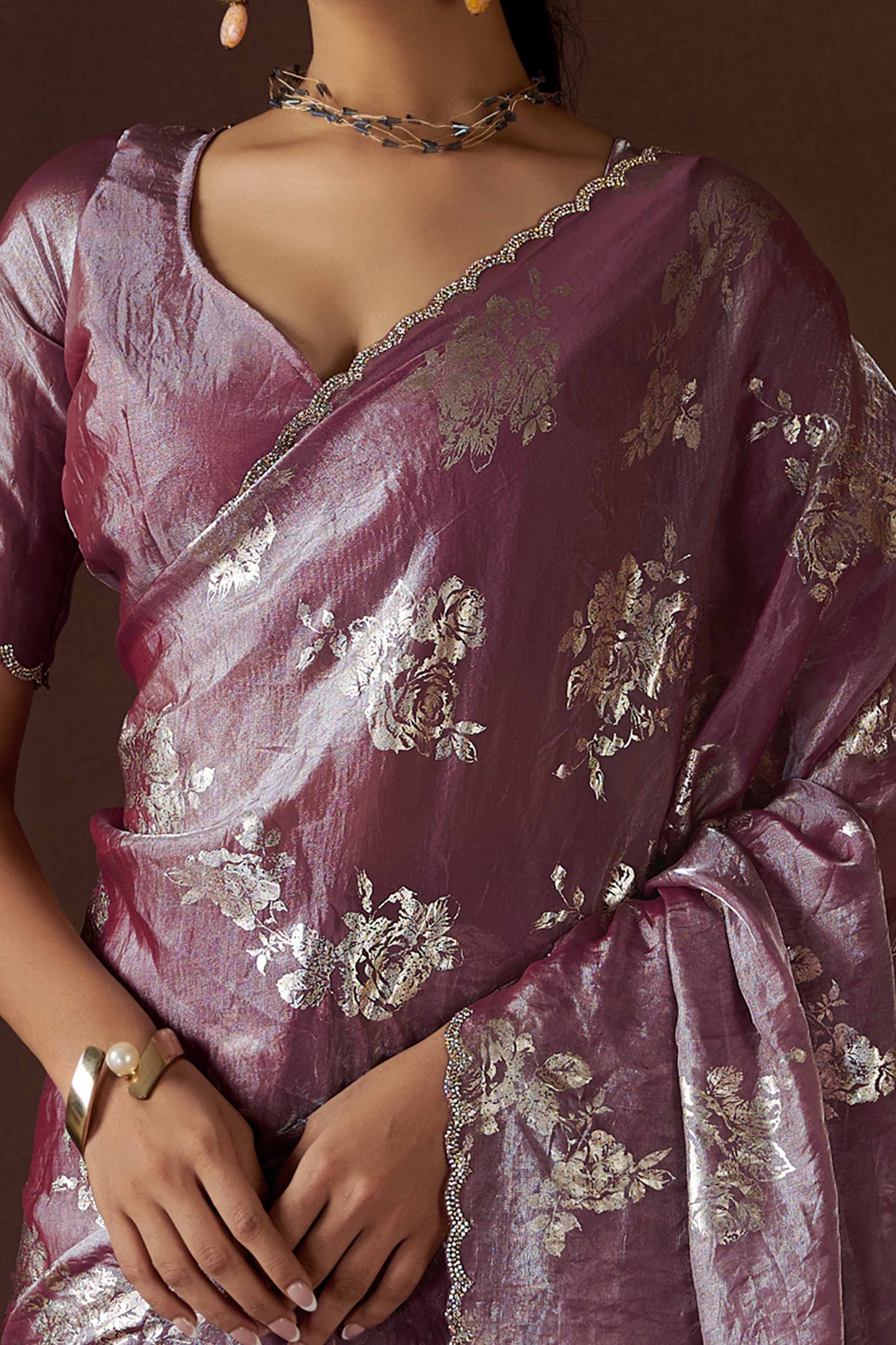 Wine Floral Foil Printed Satin Silk Saree With Zarkan Border