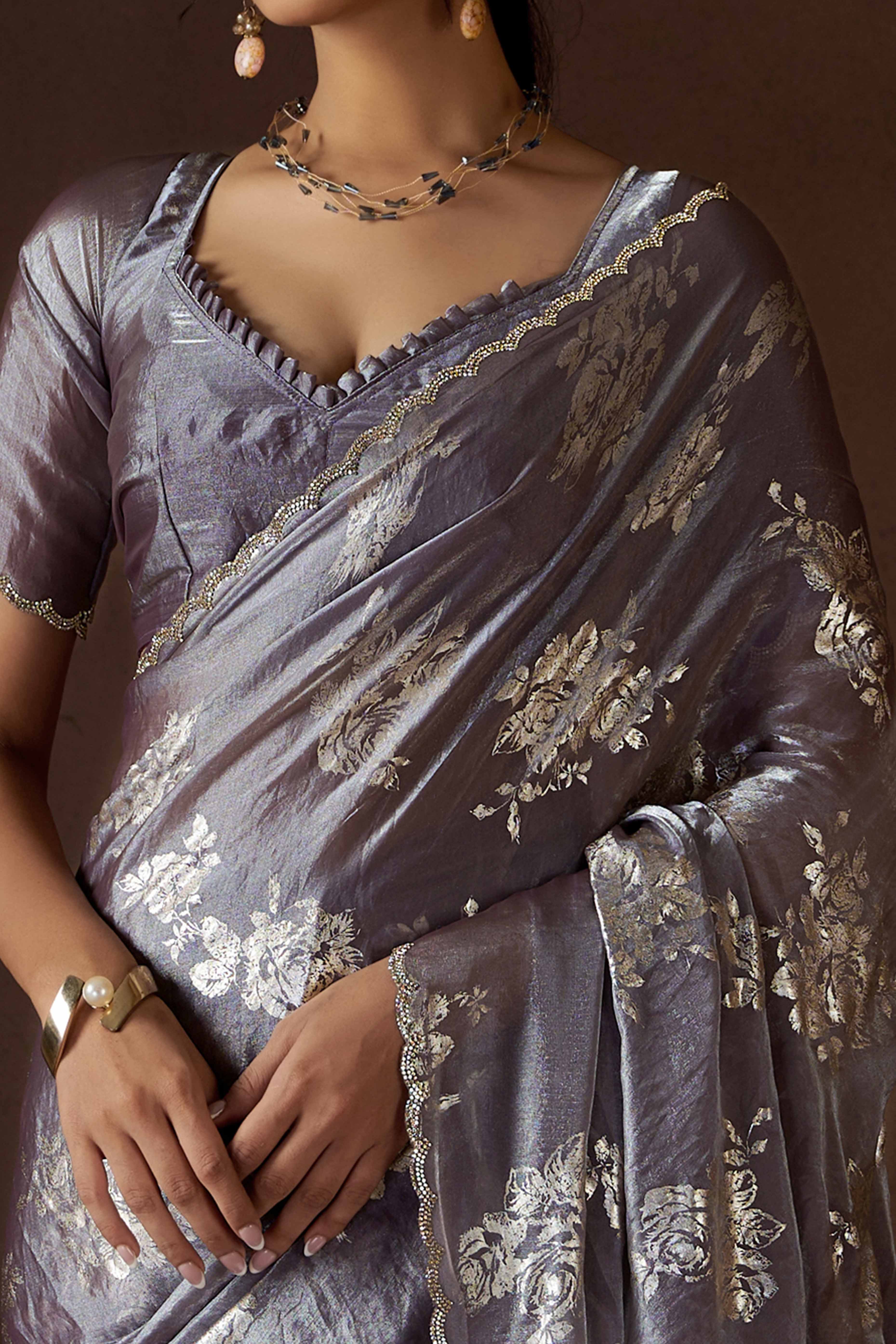 Grey Floral Foil Printed Satin Silk Saree With Zarkan Border