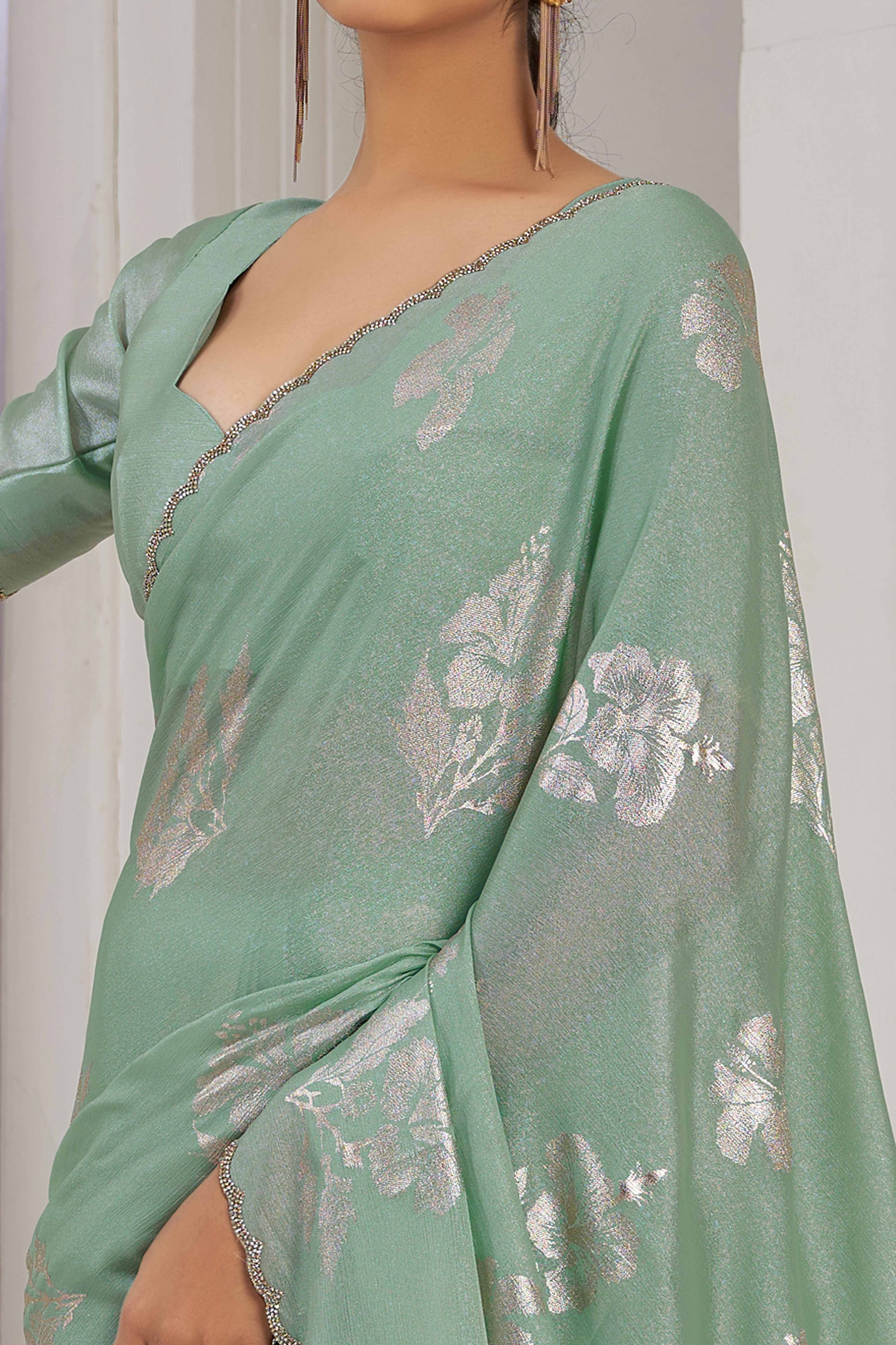 Green Floral Printed Stone Work Satin Saree