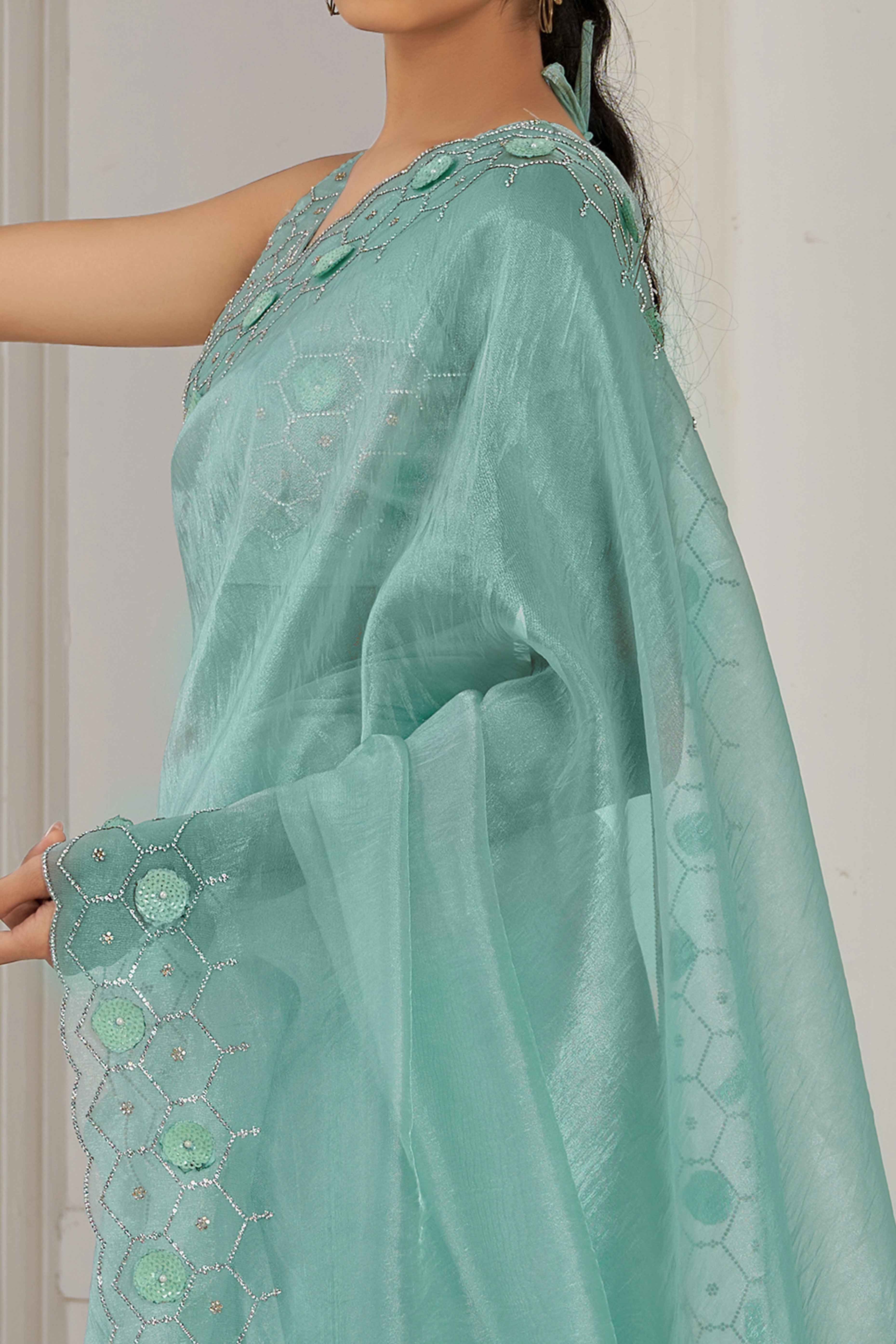 Turquoise Stone Work Soft Organza Saree