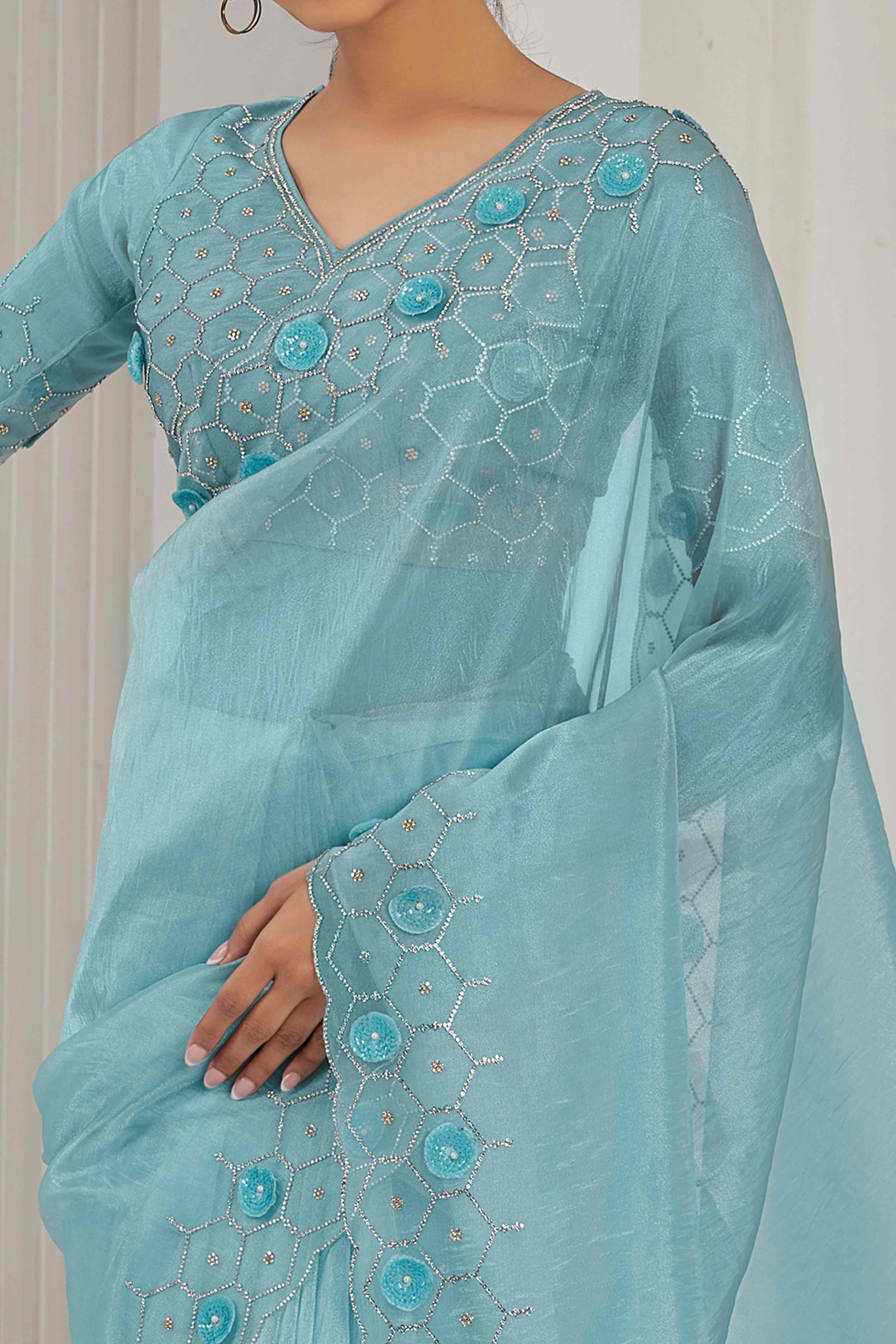 Sky Blue Stone Work Soft Organza Saree