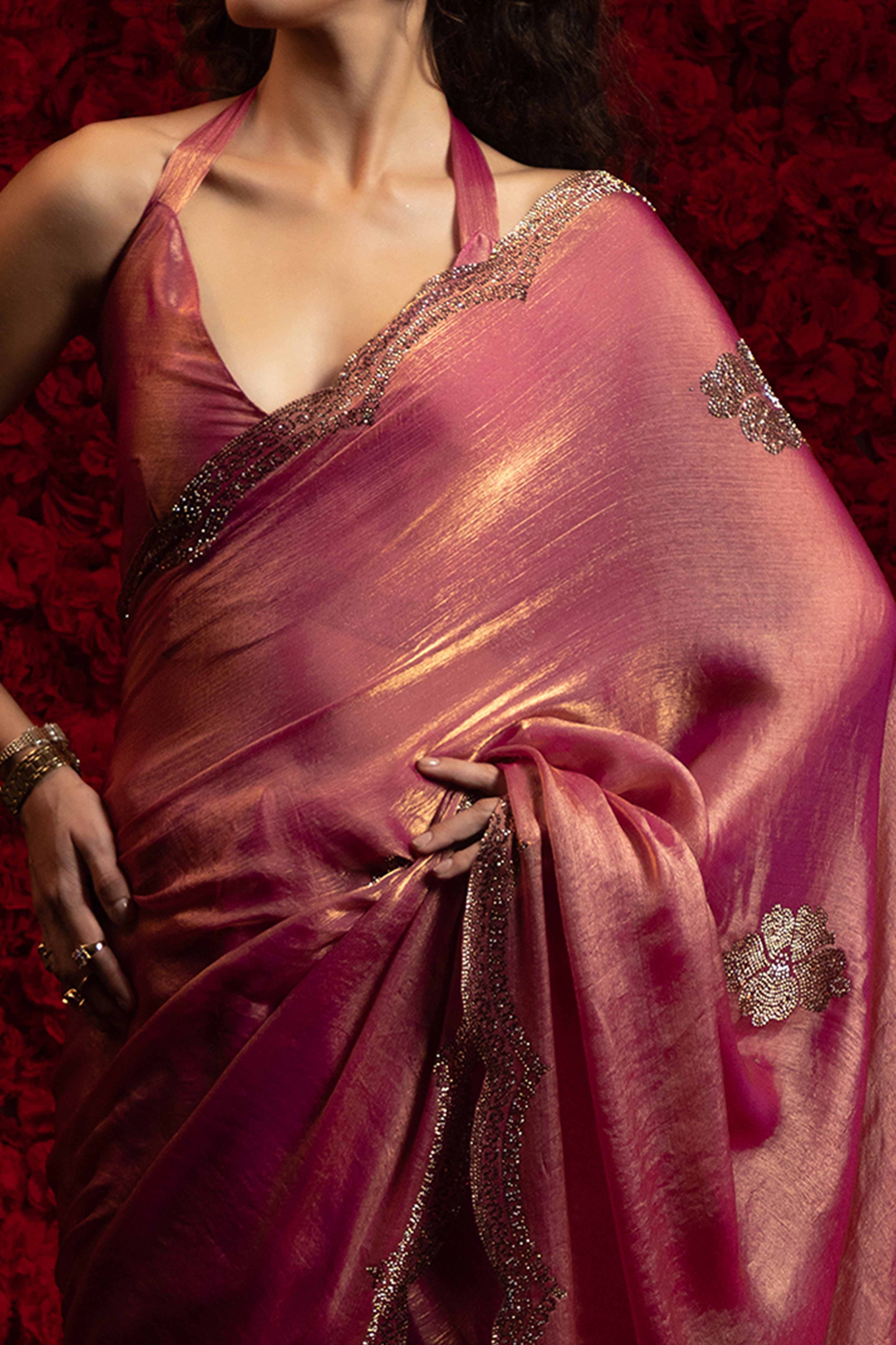 Magenta Stone Work Embellished Satin Chiffon Partywear Saree