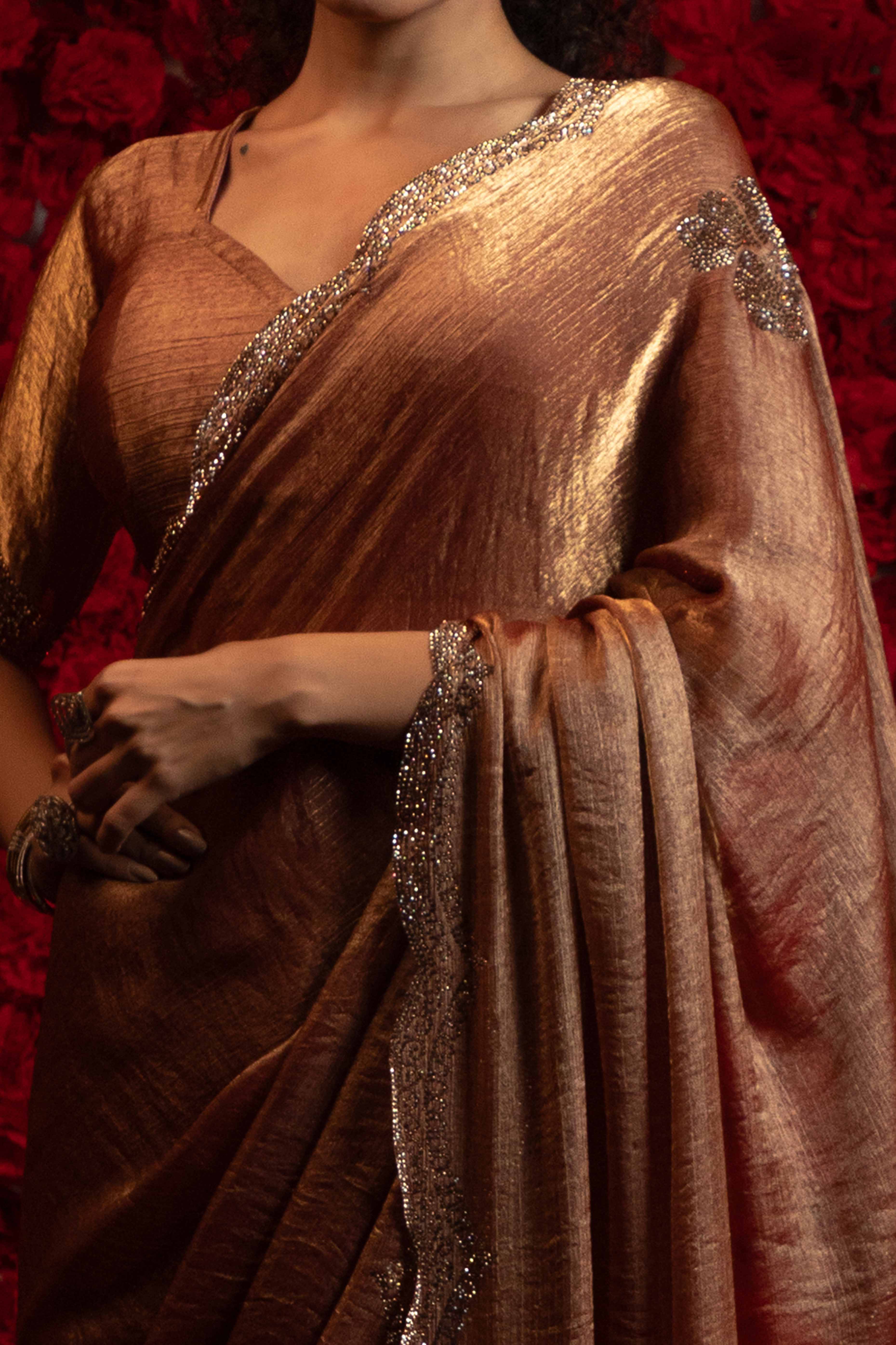 Brown Stone Work Embellished Satin Chiffon Partywear Saree