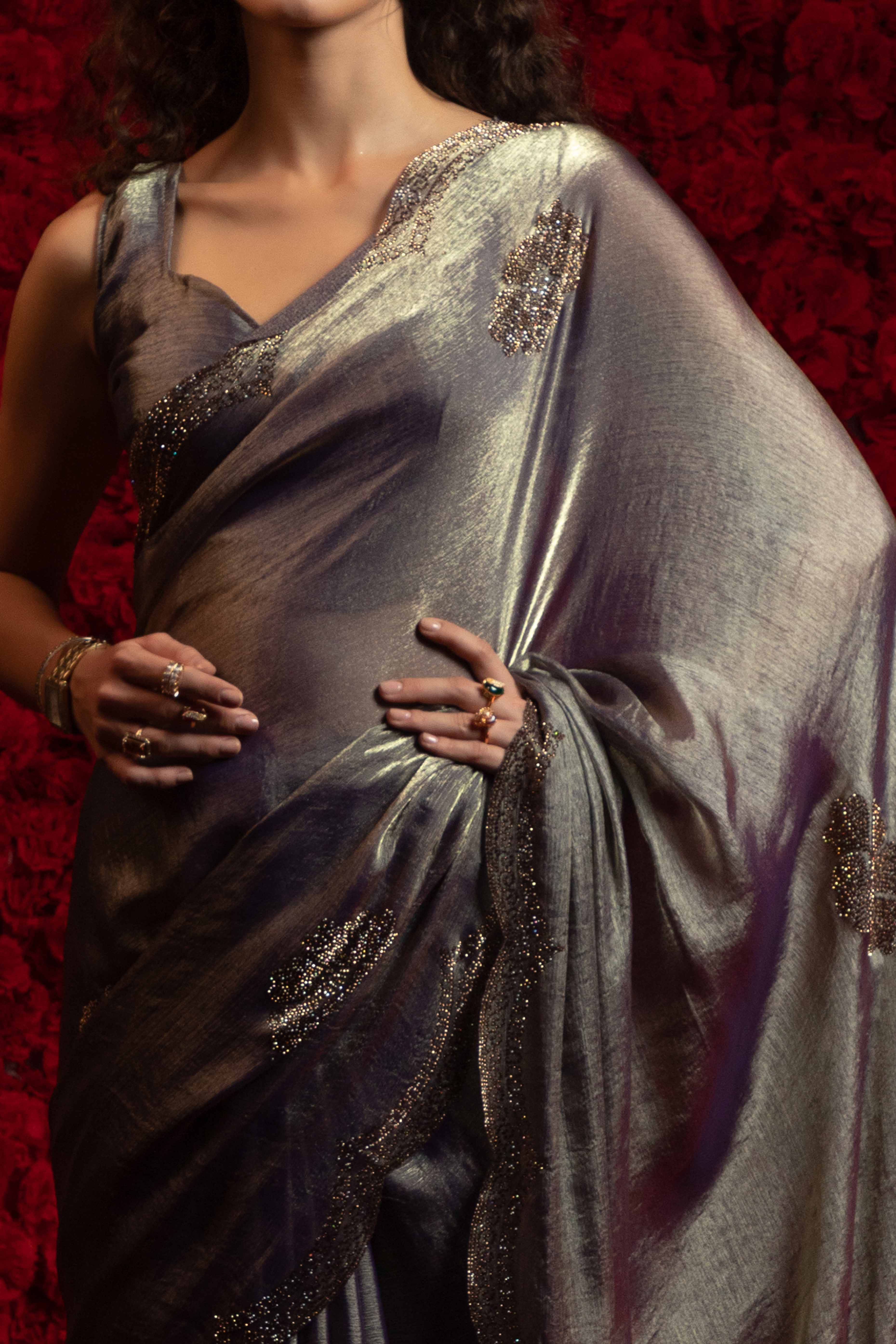 Charcoal Grey Stone Work Embellished Satin Chiffon Partywear Saree