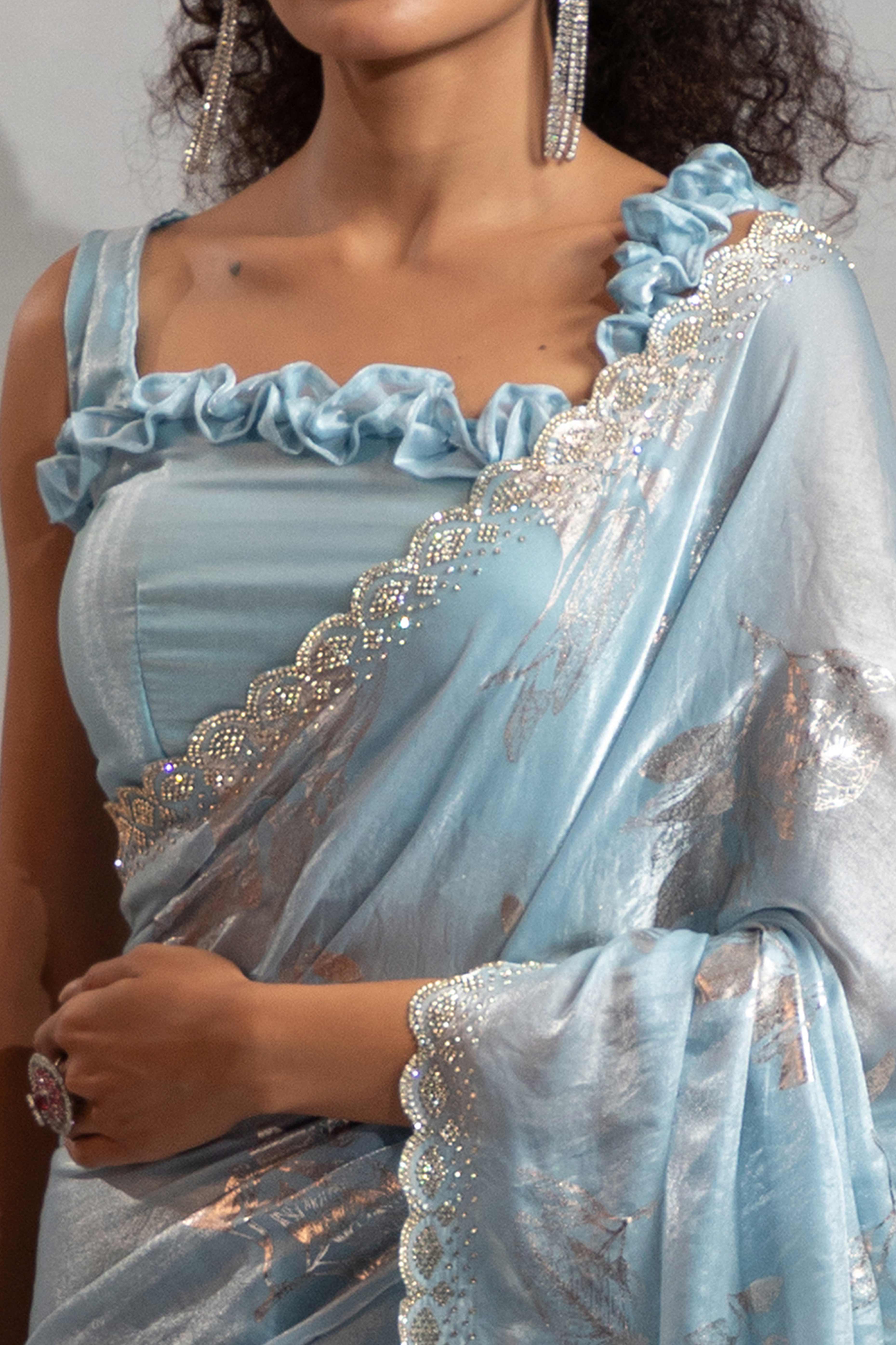 Designer Sky Blue Satin Silk Saree Adorned with Foil & Stone Embellishments