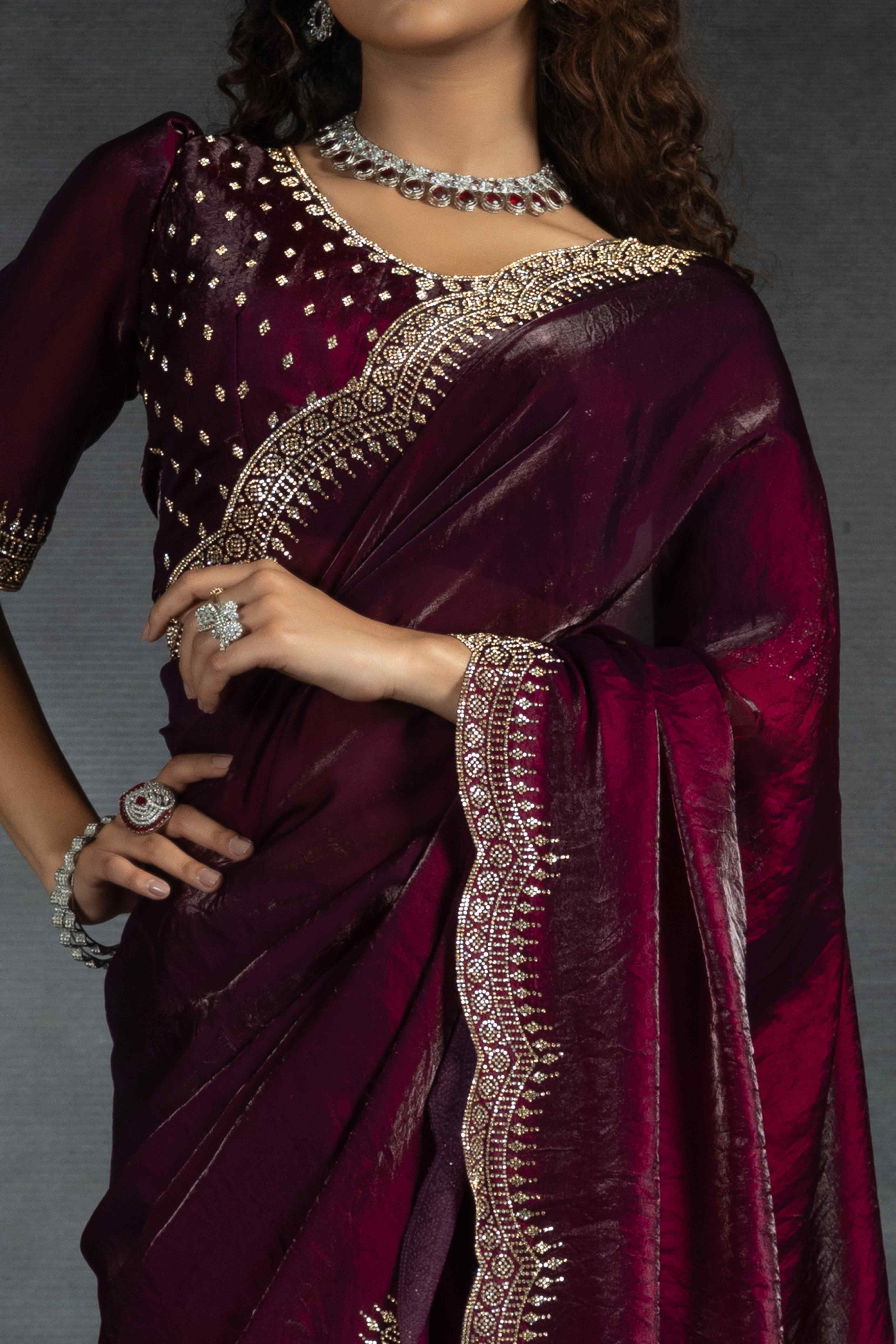 Magenta Satin Saree Embellished with Stones for a Party Look