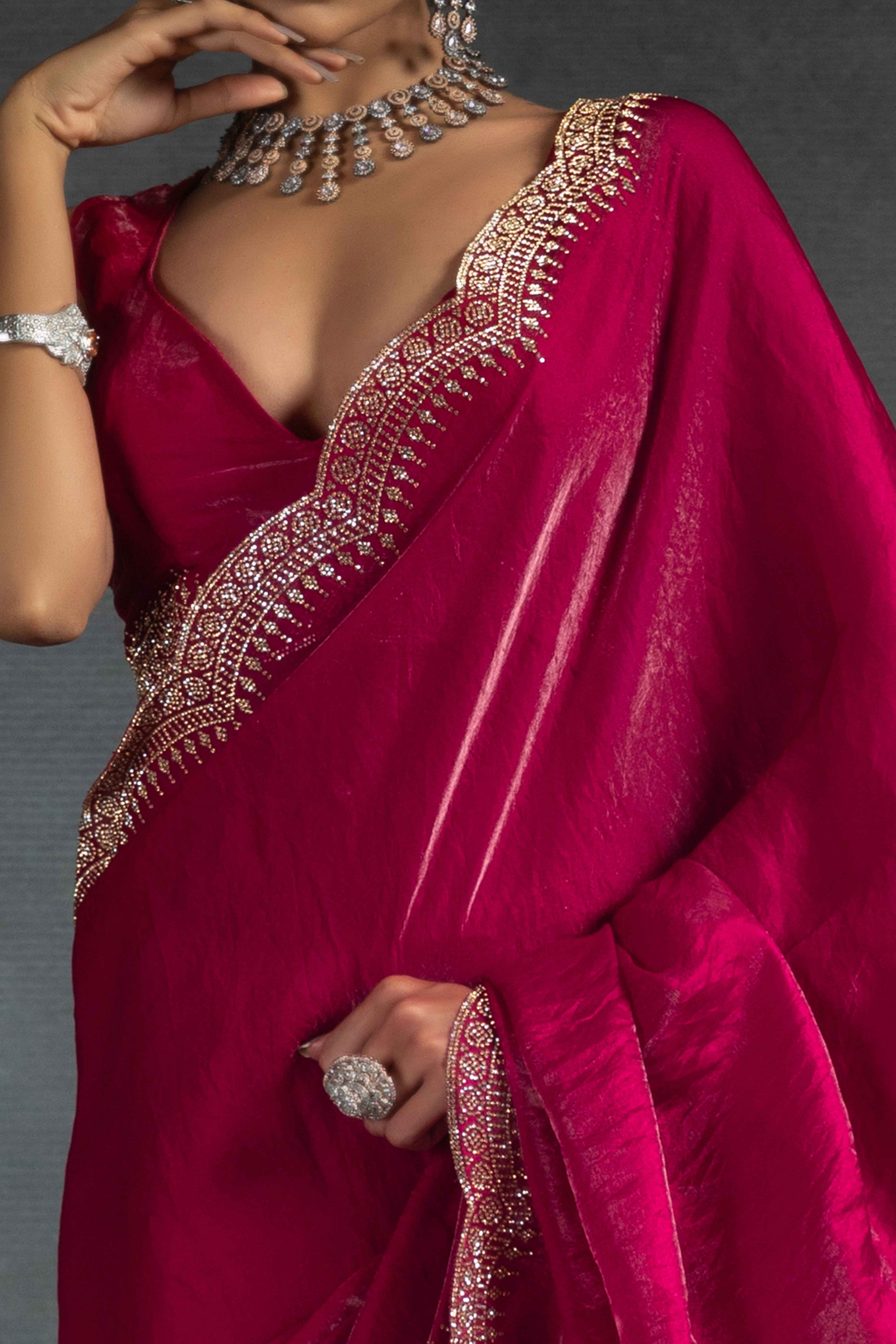 Pink Satin Saree Embellished with Stones for a Party Look