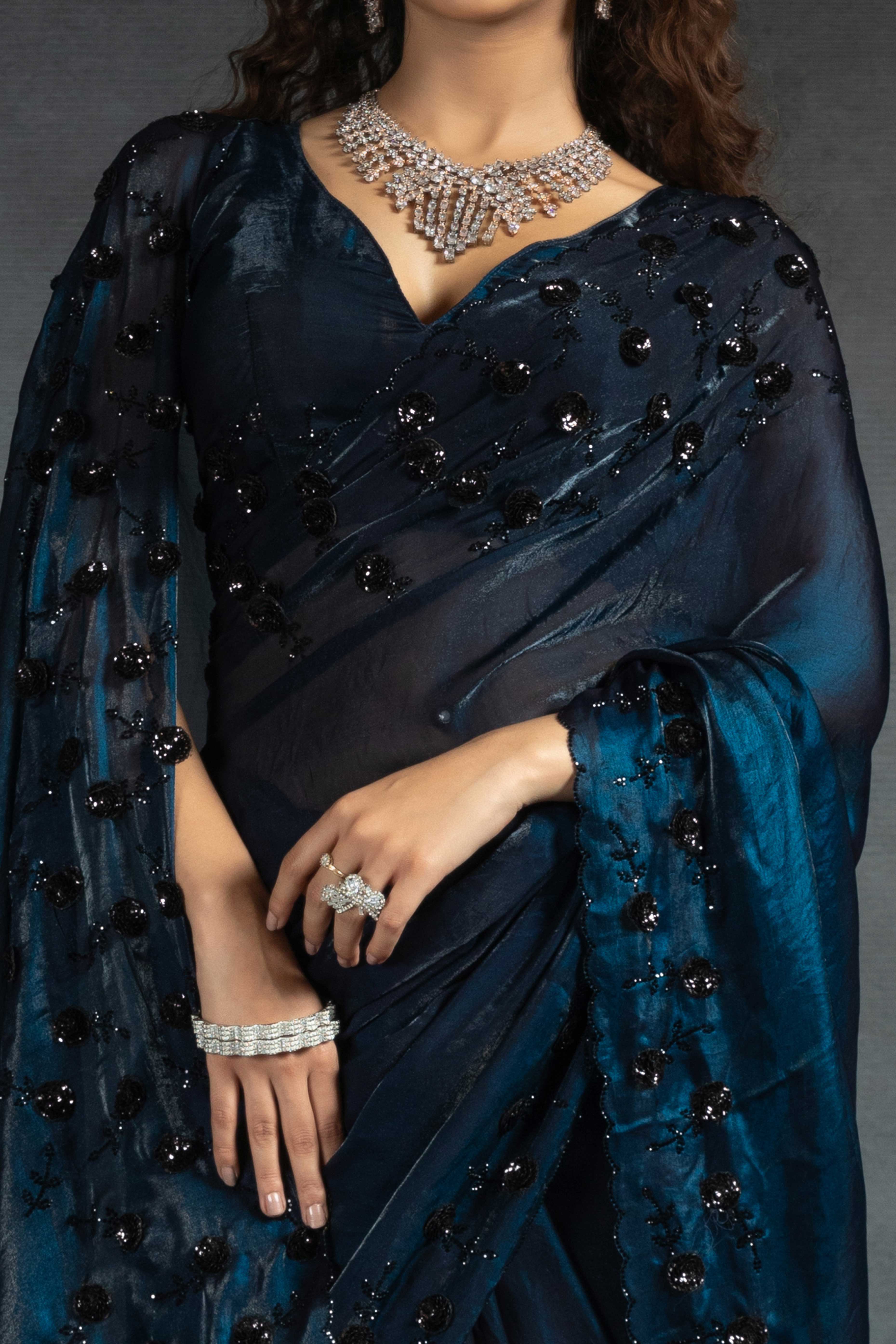 Dark Teal Satin Saree with Stone and Sequin Embellishment