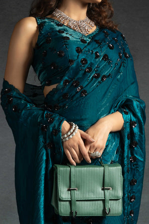Teal Satin Saree with Stone and Sequin Embellishment