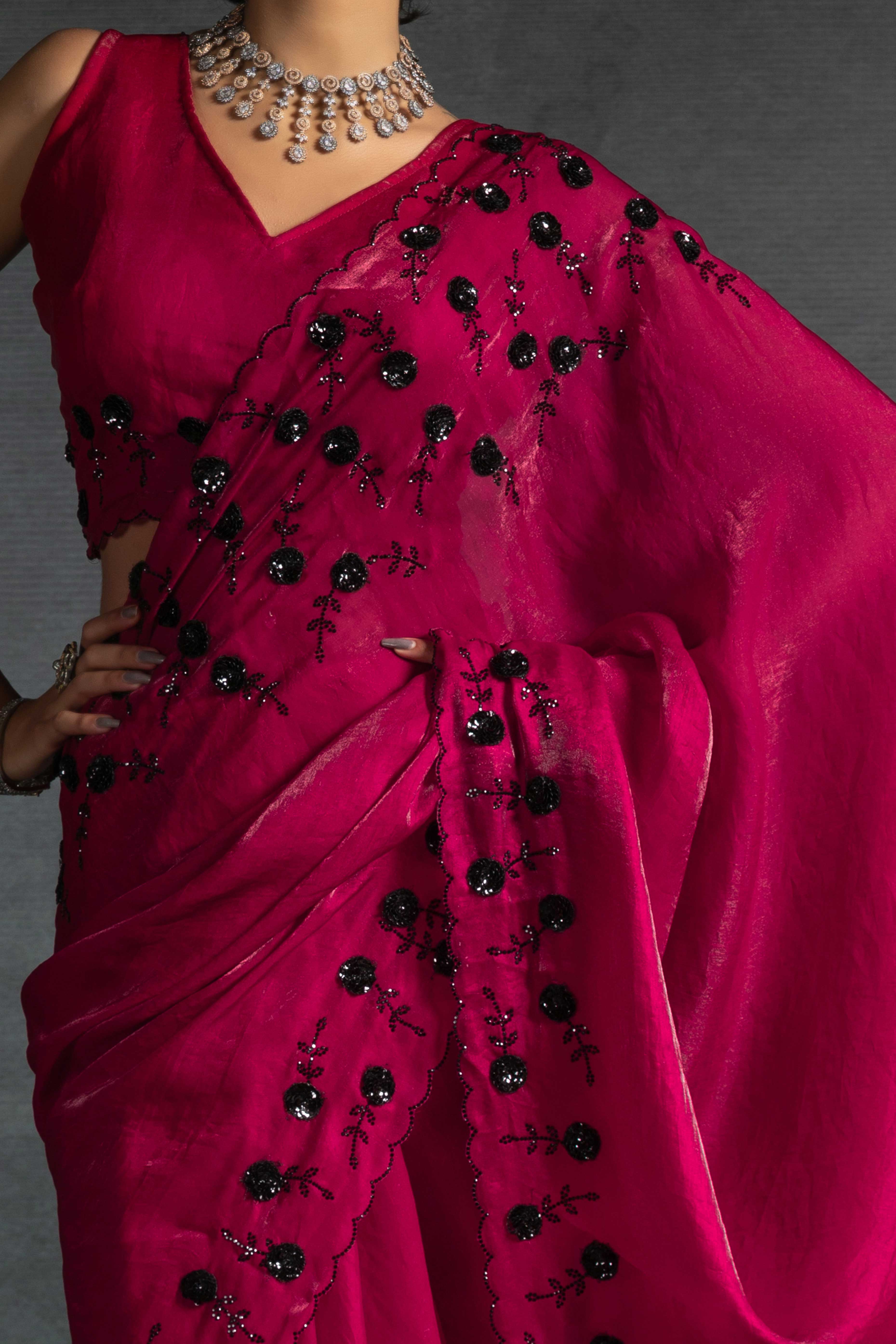 Ruby Pink Satin Saree with Stone and Sequin Embellishment