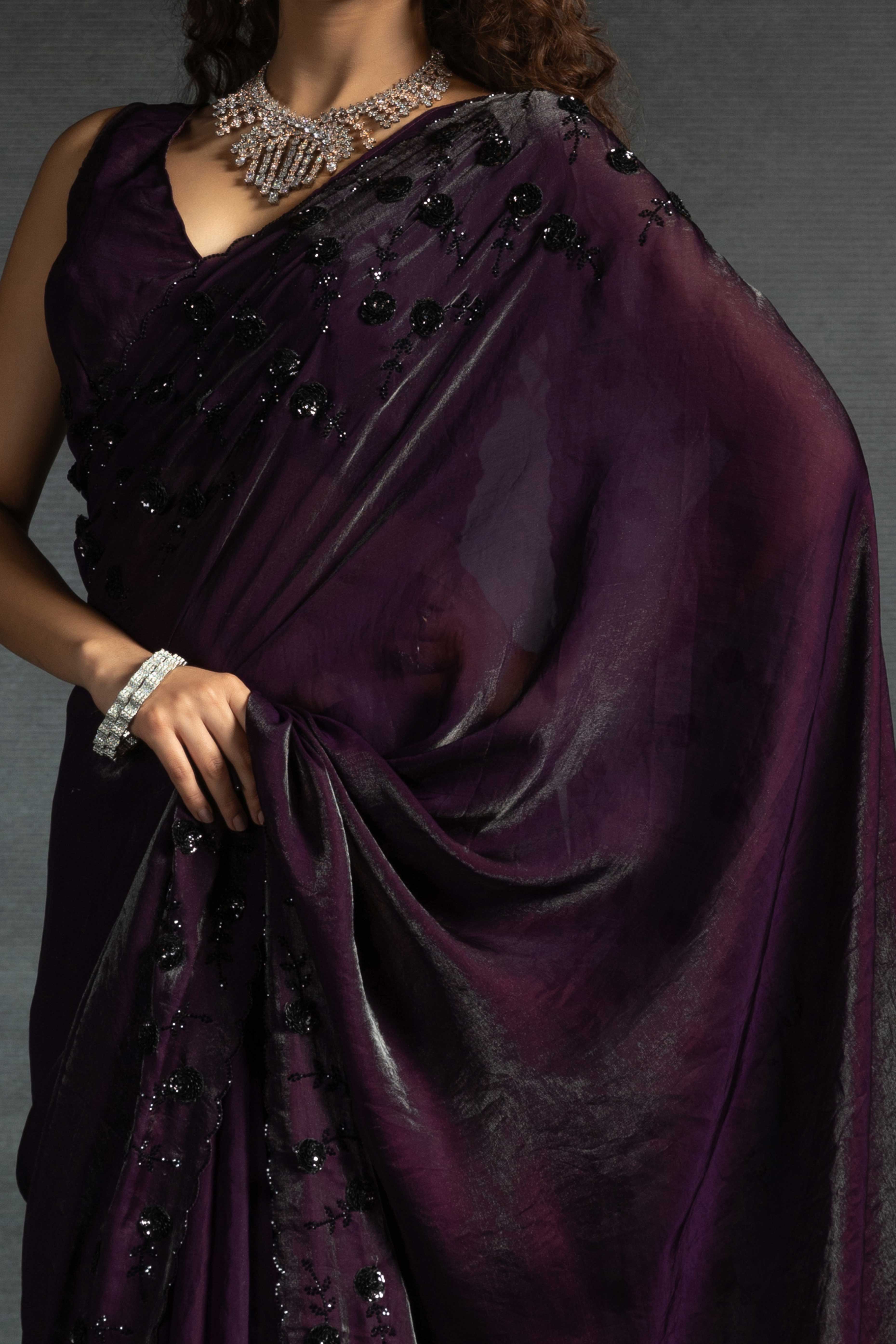 Dark Purple Satin Saree with Stone and Sequin Embellishment