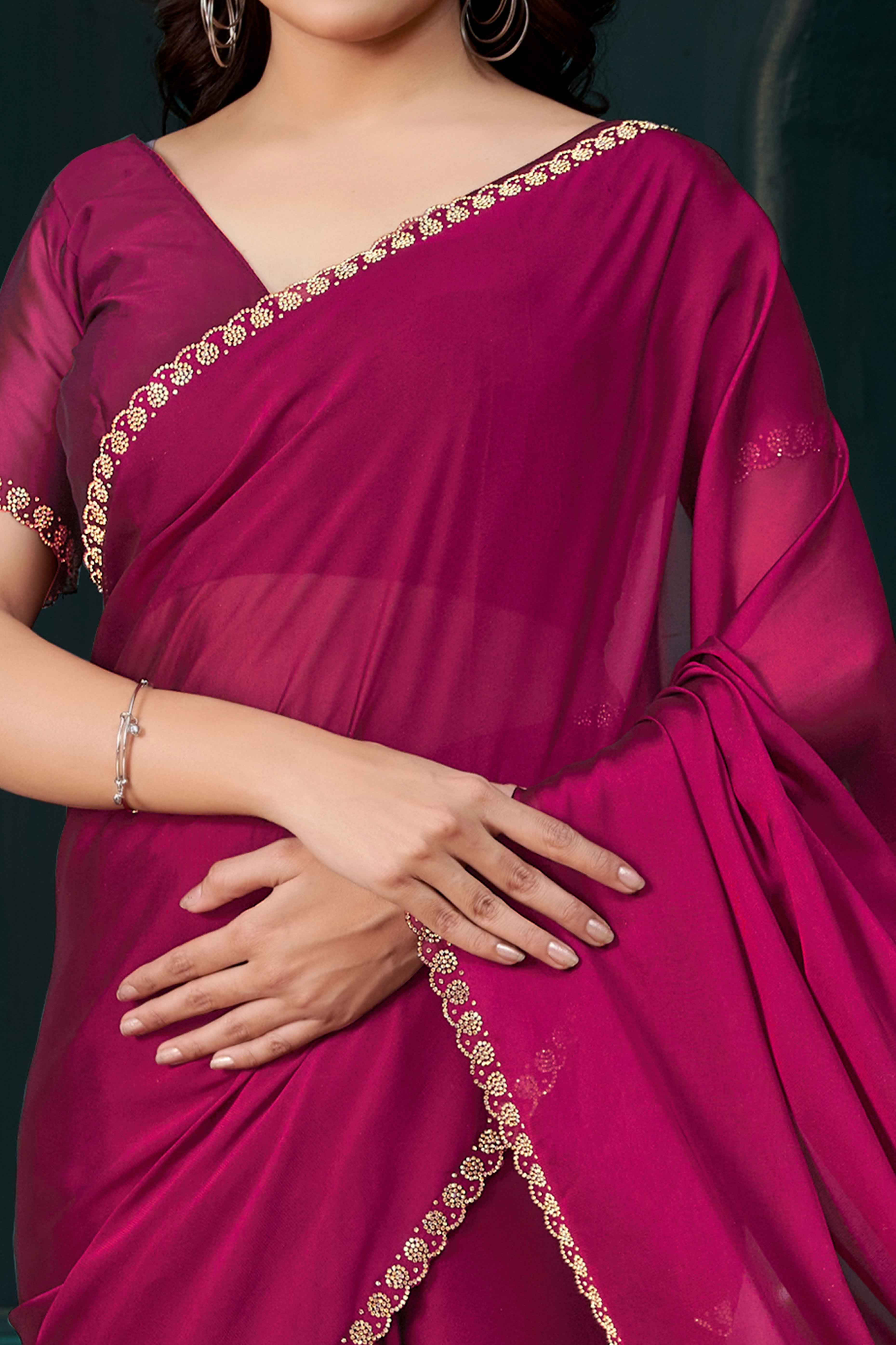 Magenta Crepe Silk Solid Saree With Elegant Zarkan Border Detailing