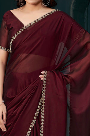 Maroon Crepe Silk Solid Saree with Elegant Zarkan Border Detailing