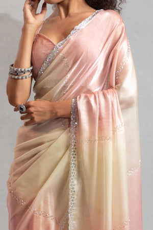 Light Coral & Off White Satin Silk Saree Decorated With Stone Embellishments