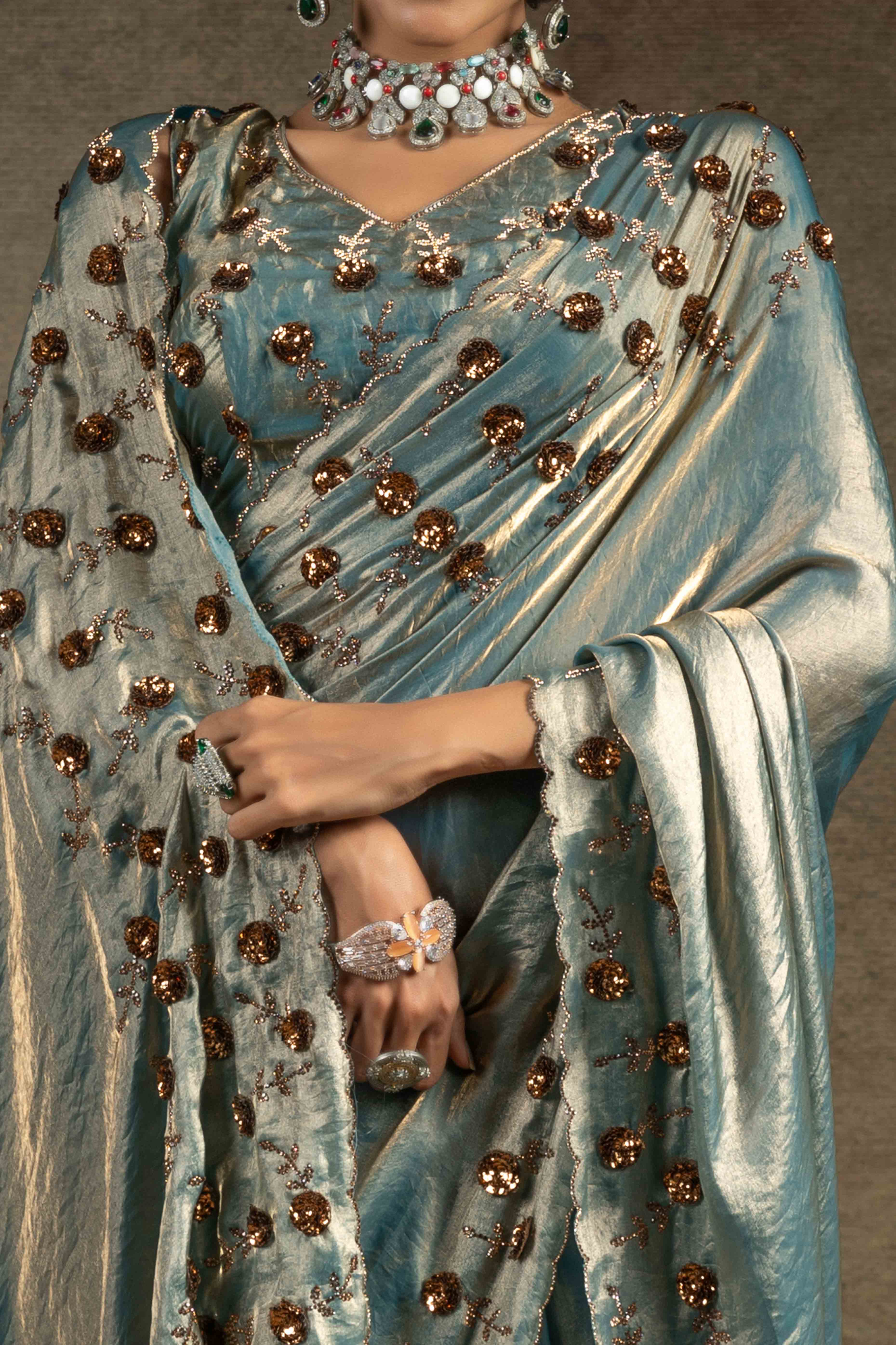 Blue Zarkan With Sequin & Beads Work Satin Silk Two Tone Saree