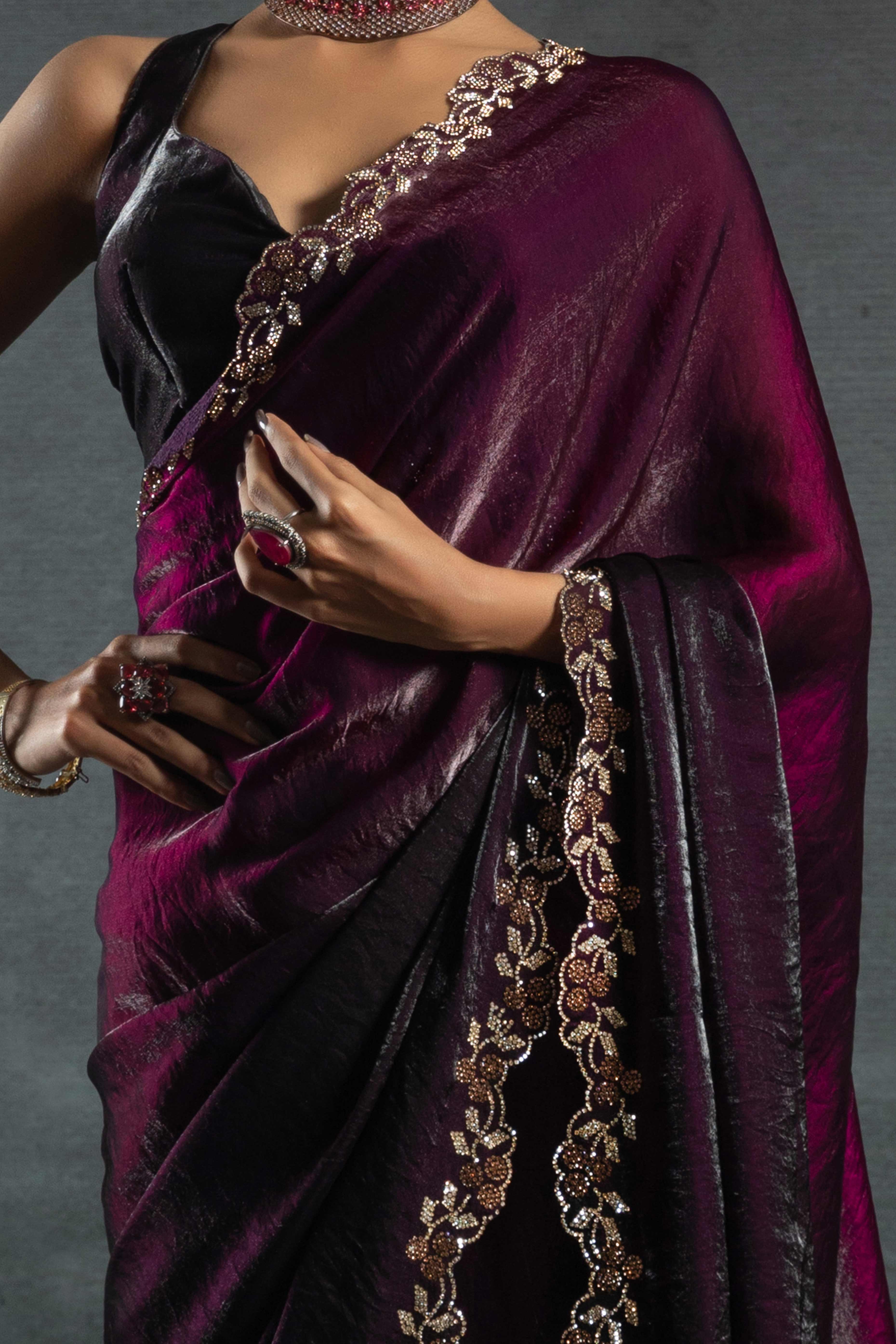 Purple Satin Silk Two Tone Saree with Intricate Zarkan Embellishments
