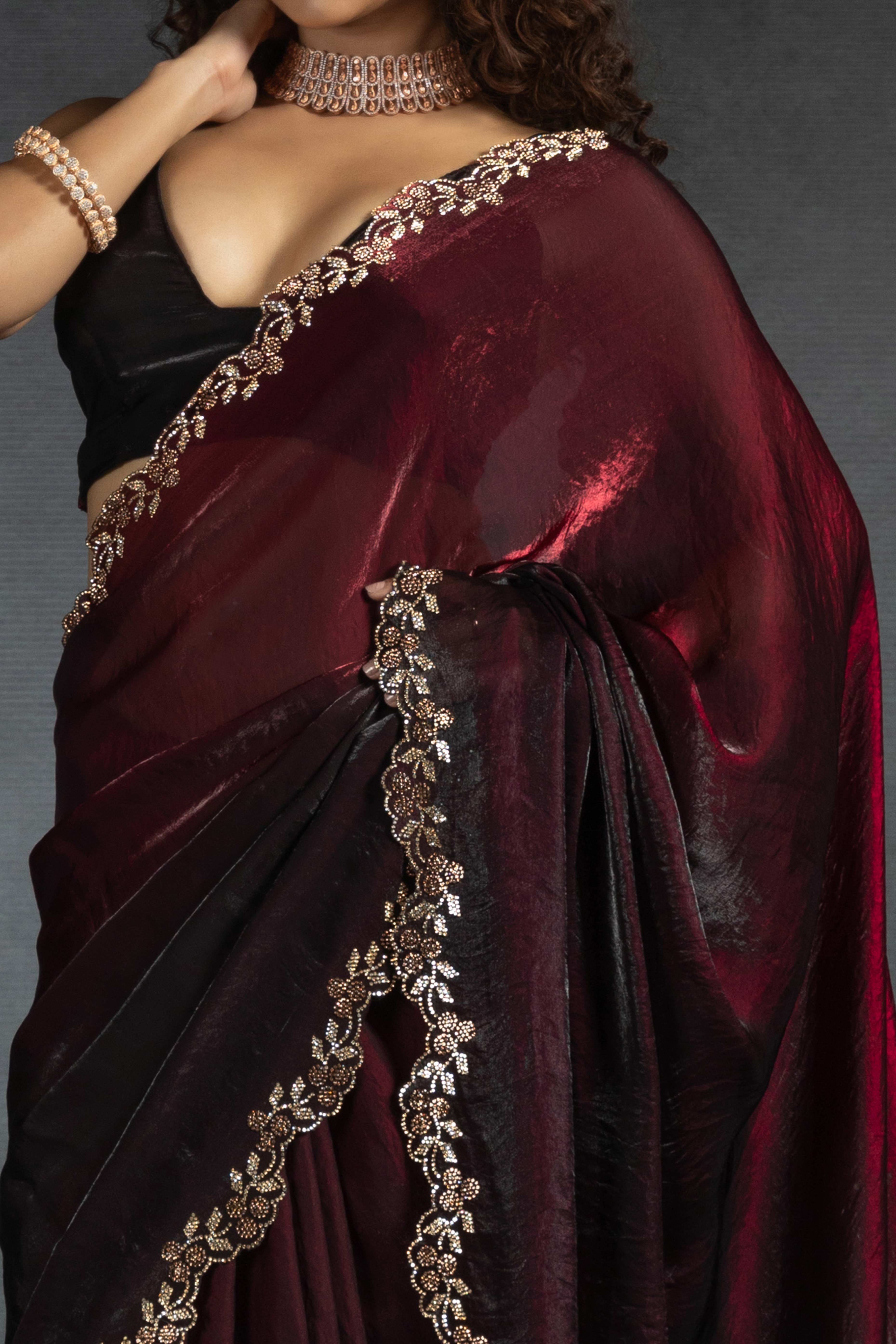 Maroon Satin Silk Two Tone Saree with Intricate Zarkan Embellishments