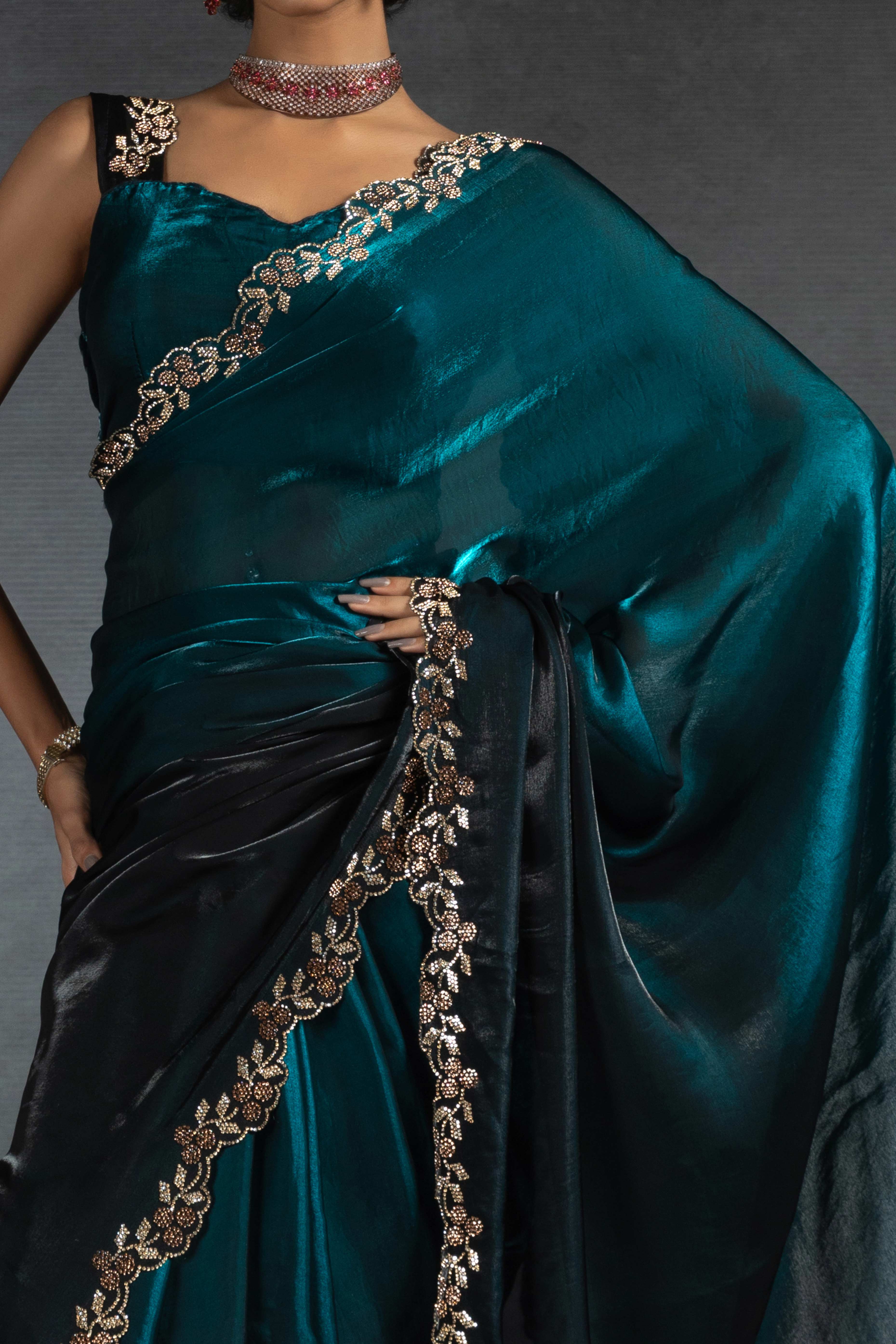 Morpich Blue Satin Silk Two Tone Saree with Intricate Zarkan Embellishments