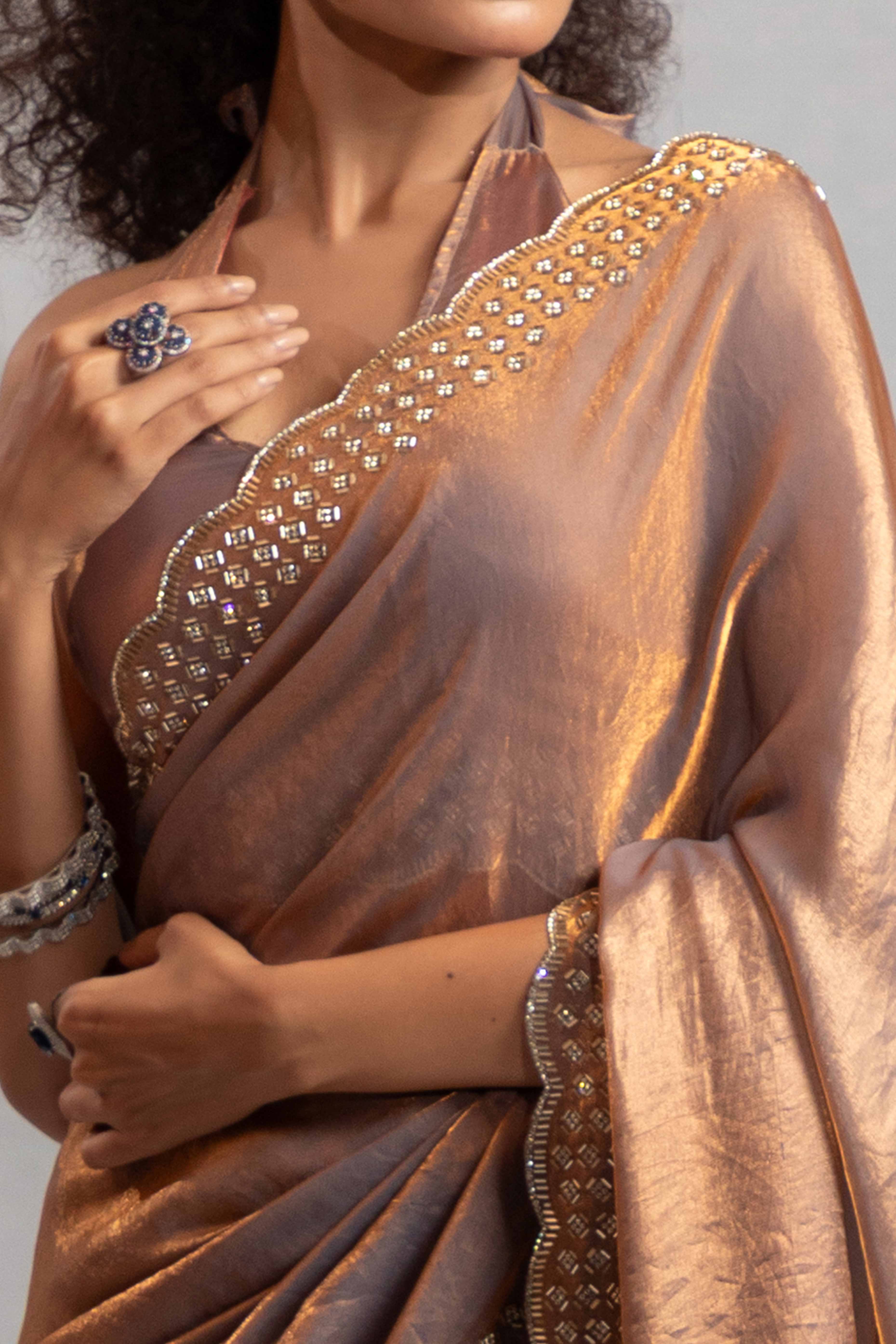 Brown Satin Saree with Glamorous Stone Embellishment
