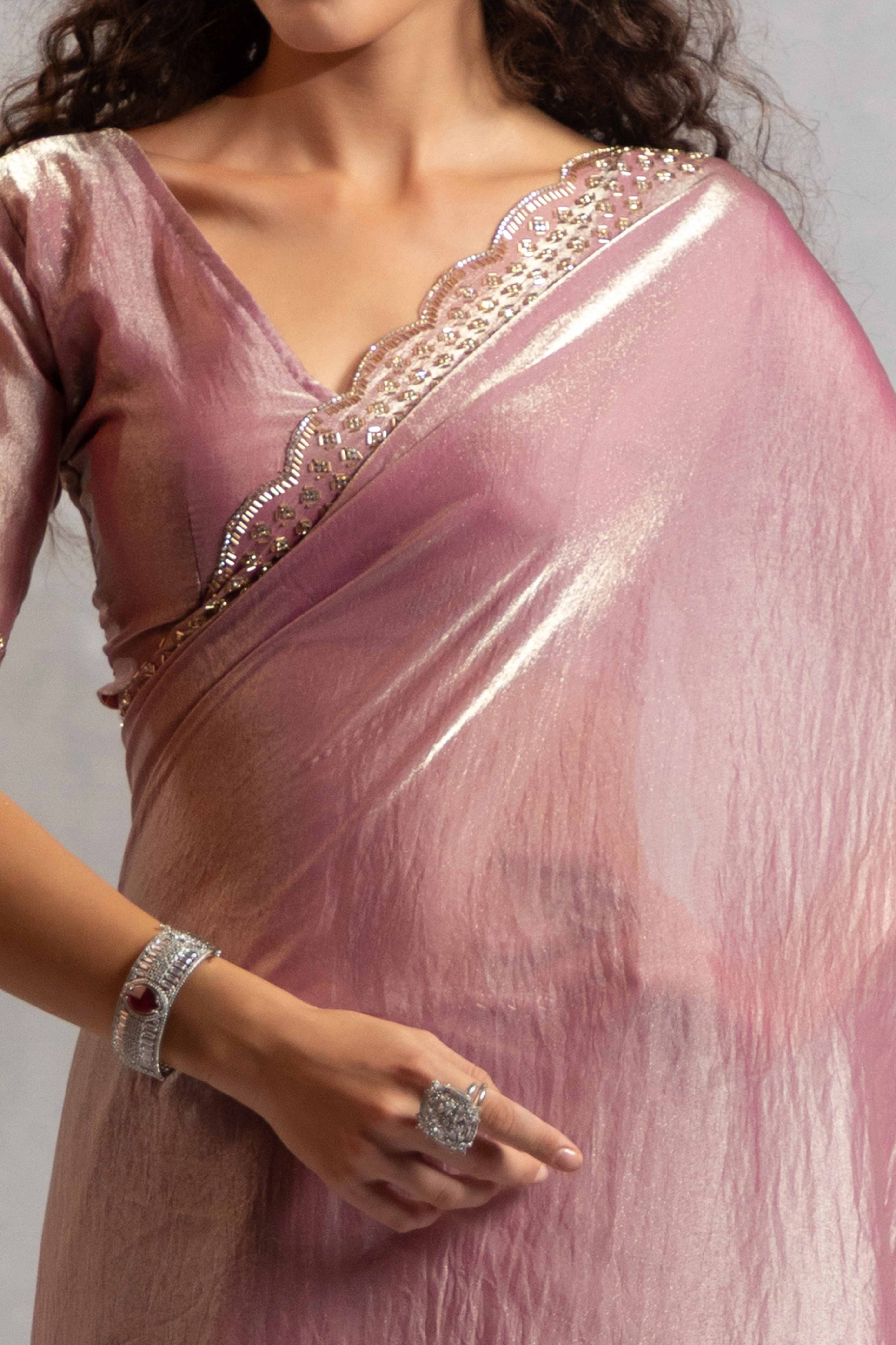 Baby Pink Satin Saree with Glamorous Stone Embellishment