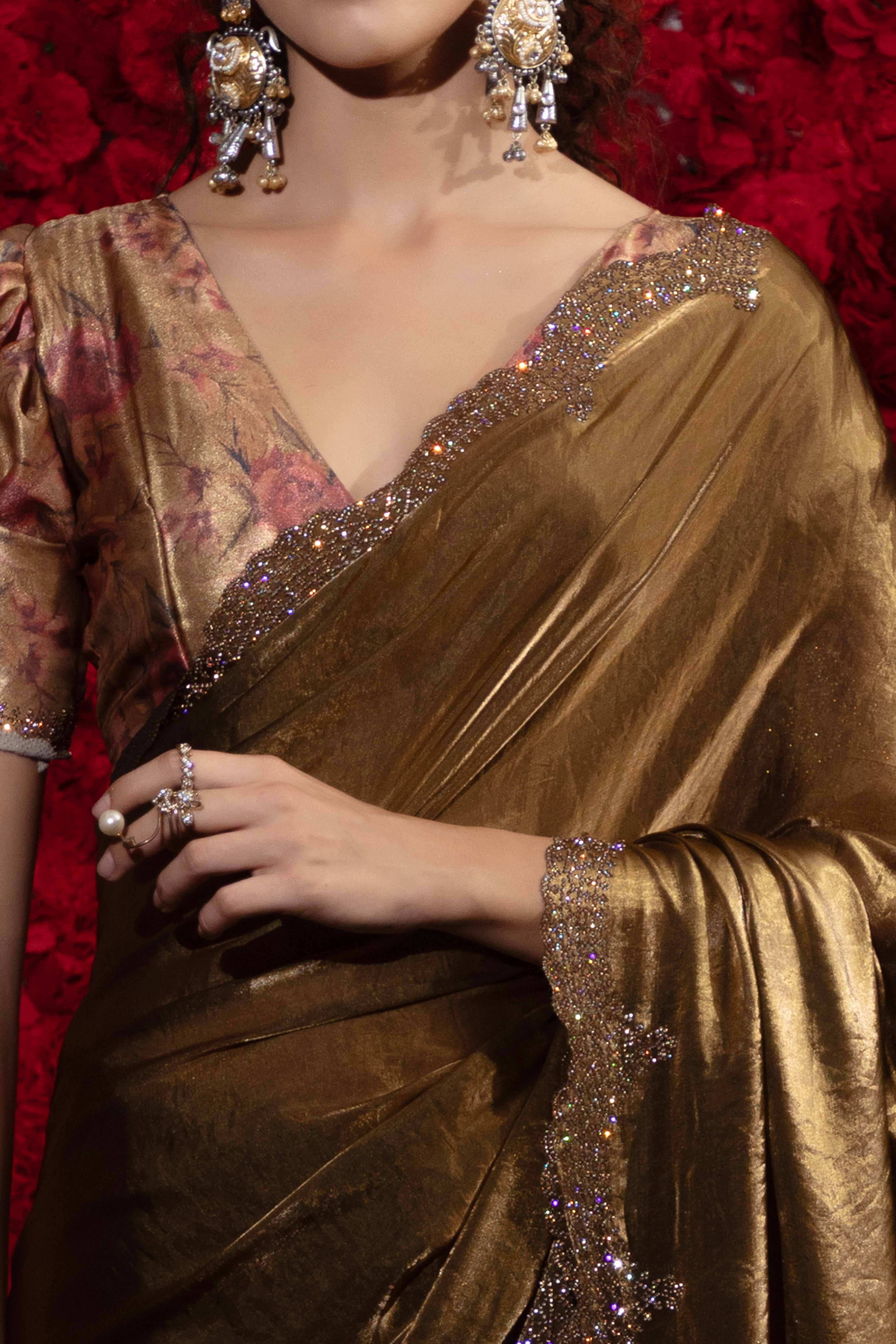 Crushed Satin Silk Embellished Saree in Gold with Sparkling Stone Work