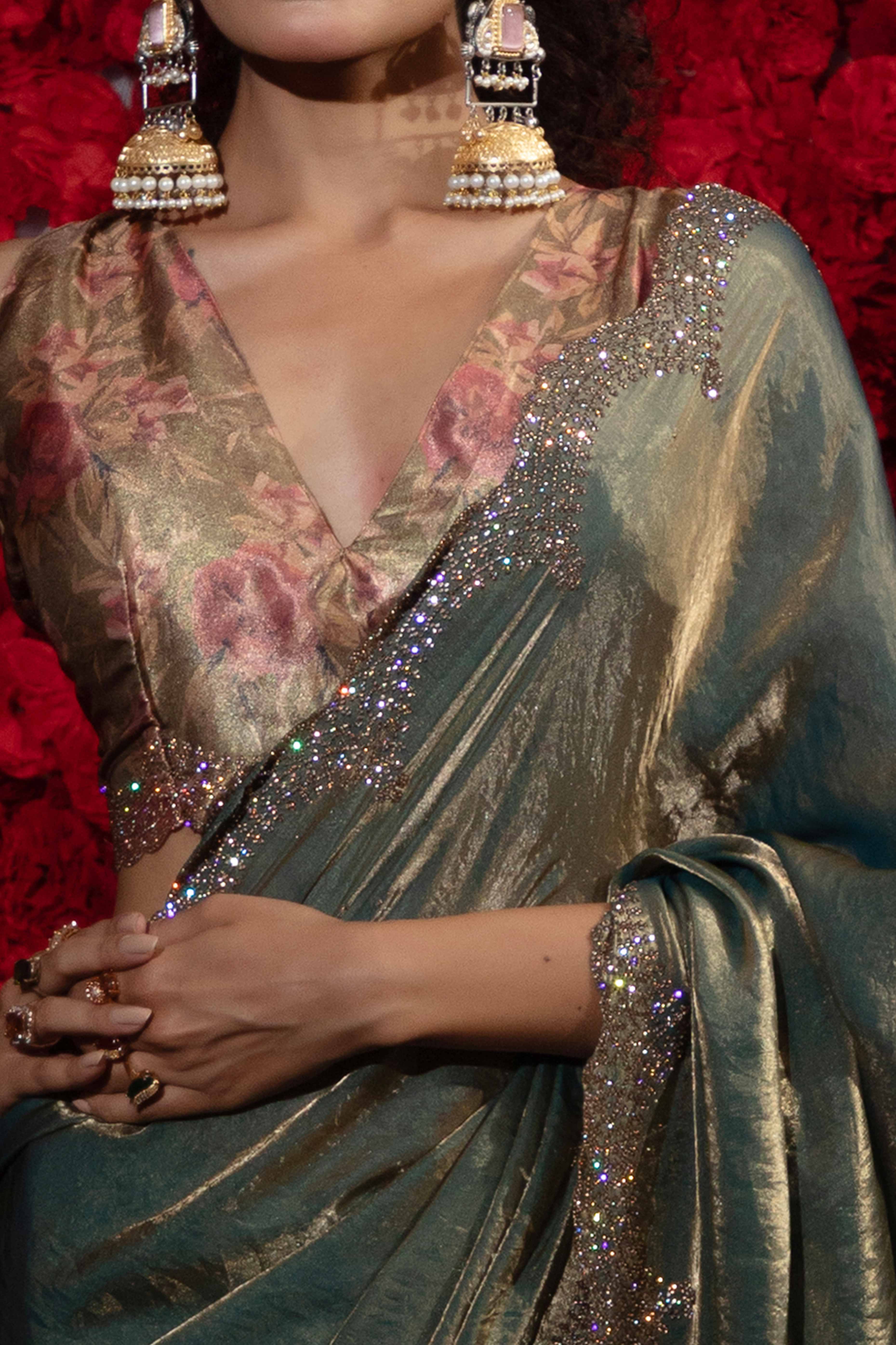 Crushed Satin Silk Embellished Saree in Teal with Sparkling Stone Work