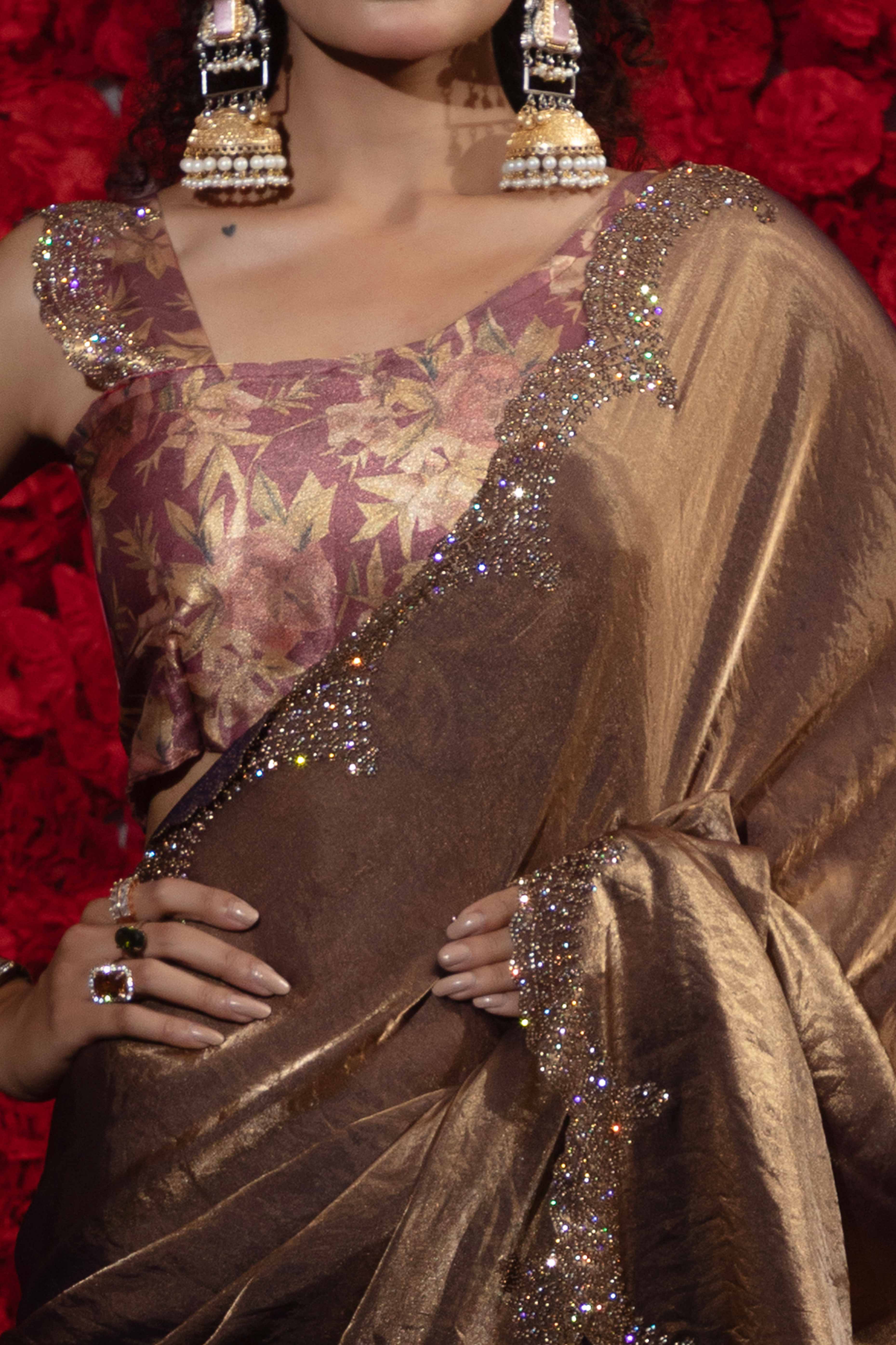 Crushed Satin Silk Embellished Saree in Bronze Brown with Sparkling Stone Work